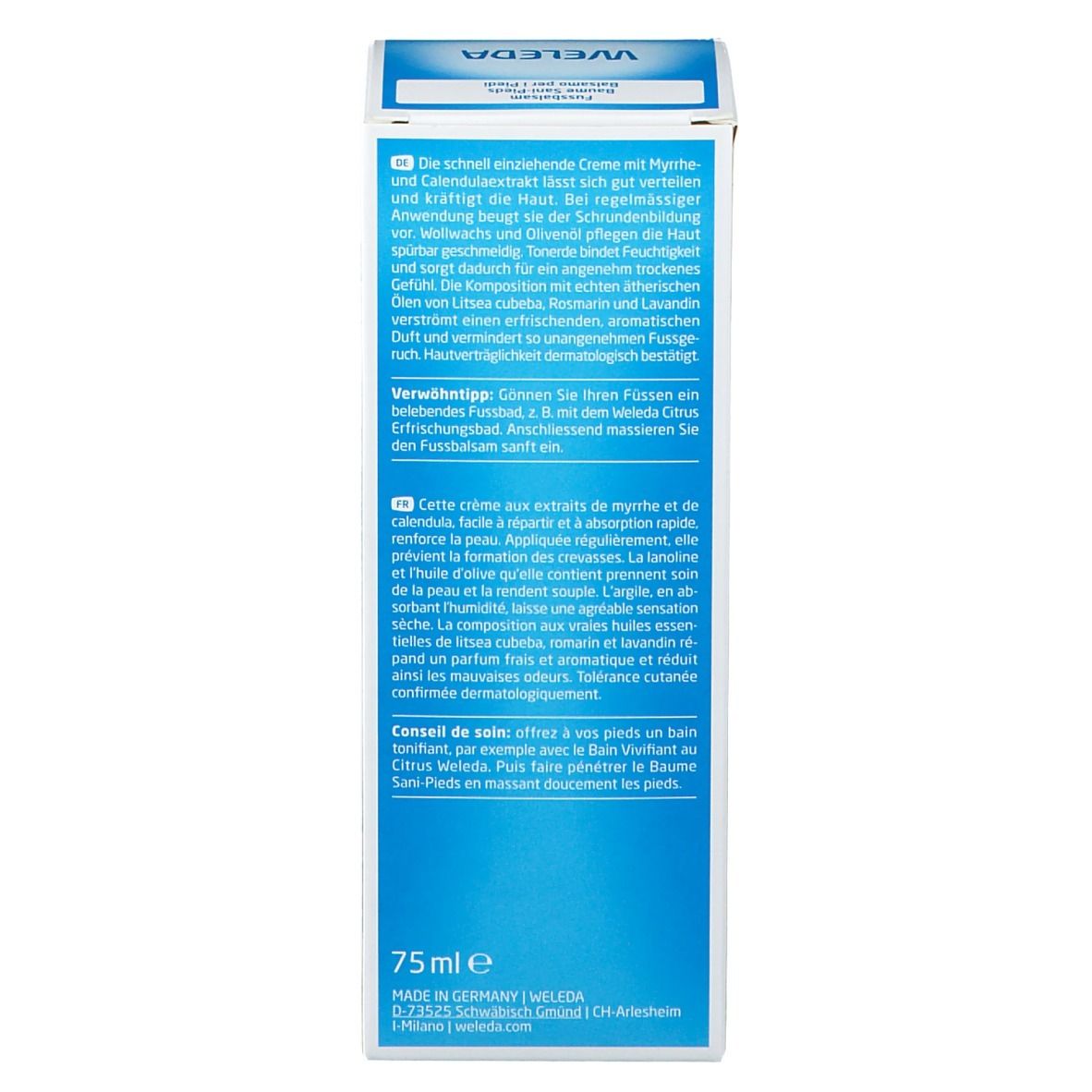 Retro della confezione. Testo multilingue. 75ml. Indirizzo del produttore.