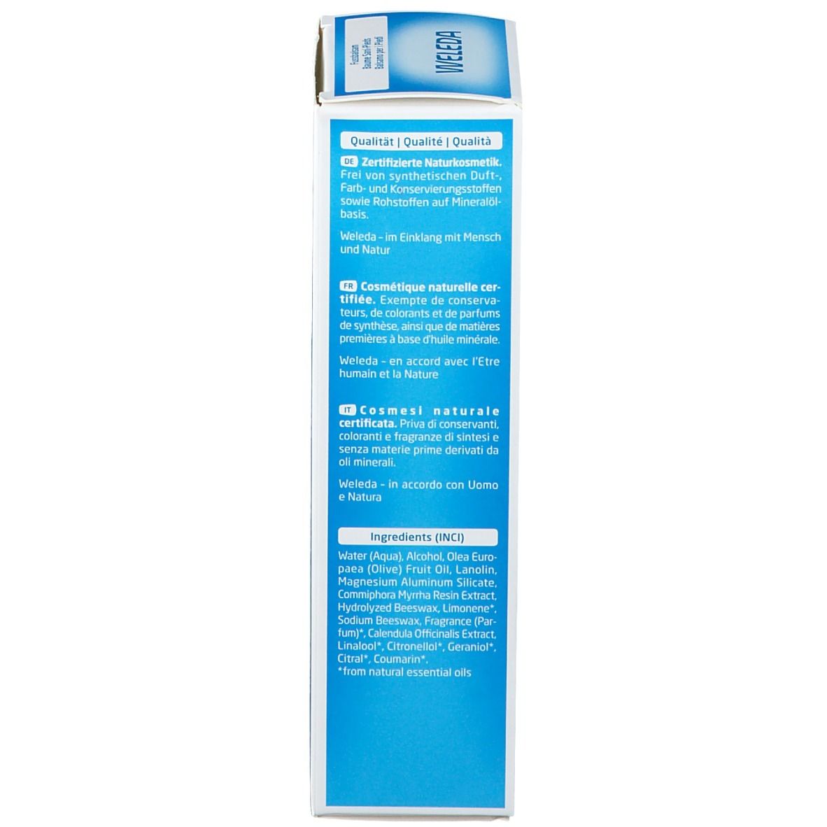 Lato della confezione. Testo multilingue. Certificazioni, ingredienti.