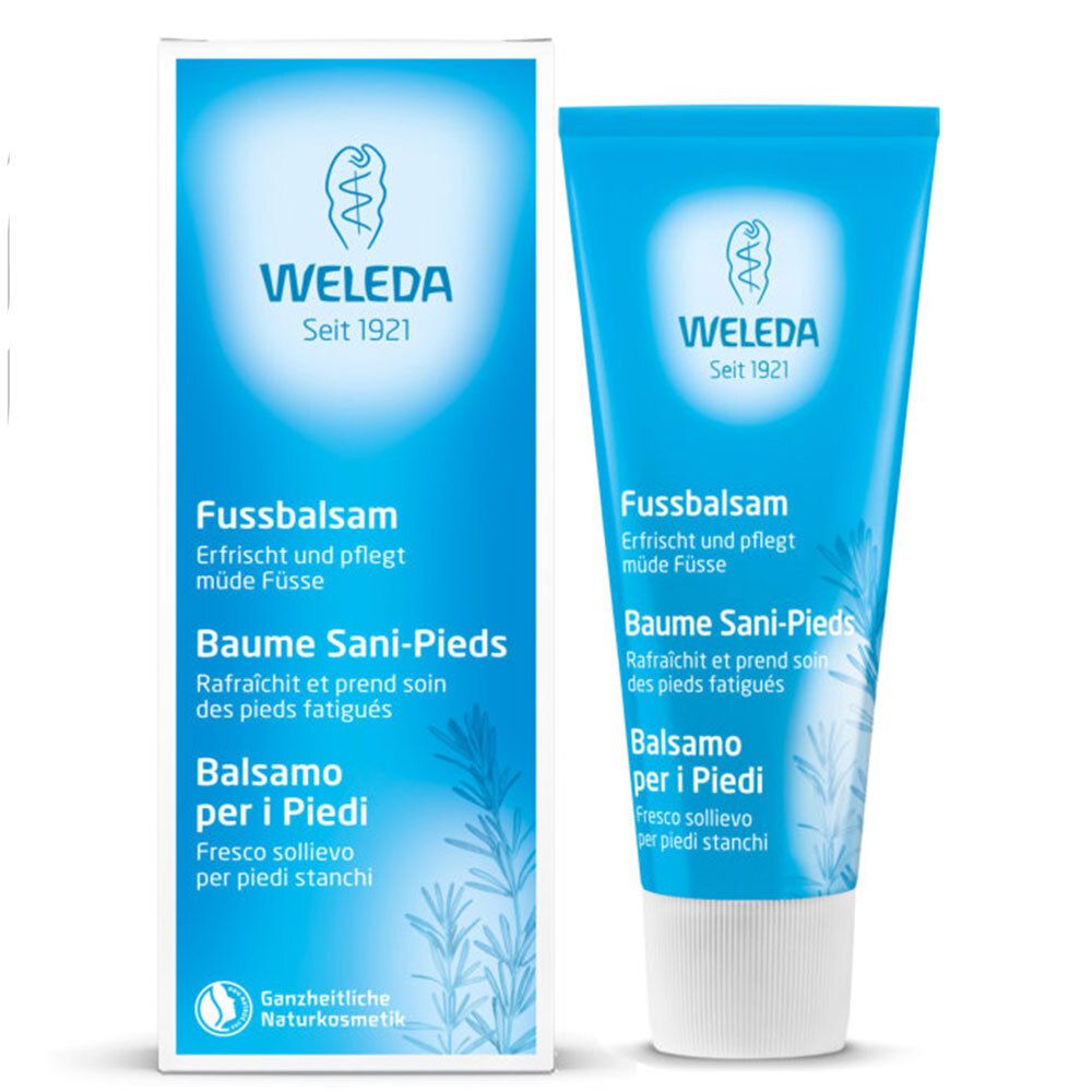 Confezione e tubo. Tubo blu, testo WELEDA, Balsamo per i Piedi, Fussbalsam, Baume Sani-Pieds. Confezione blu e bianca.