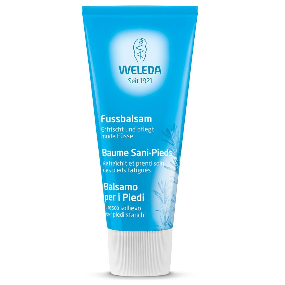 Tubo blu. Testo WELEDA, Balsamo per i Piedi, Fussbalsam, Baume Sani-Pieds. Chiusura bianca.