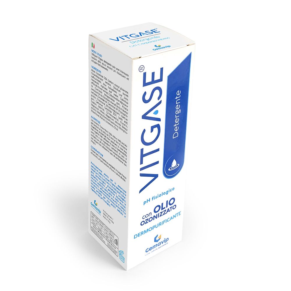 Confezione Vitgase® detergente, con accenti blu e informazioni sul prodotto.