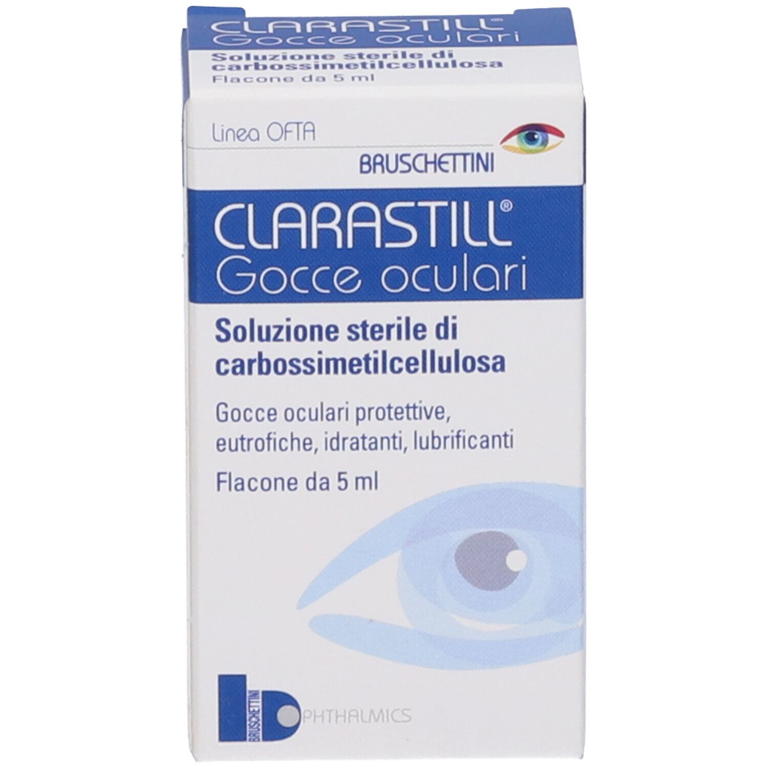 Confezione in cartone con nome e dettagli del prodotto. Colori blu e bianco. Contiene informazioni sulla composizione e l'uso.