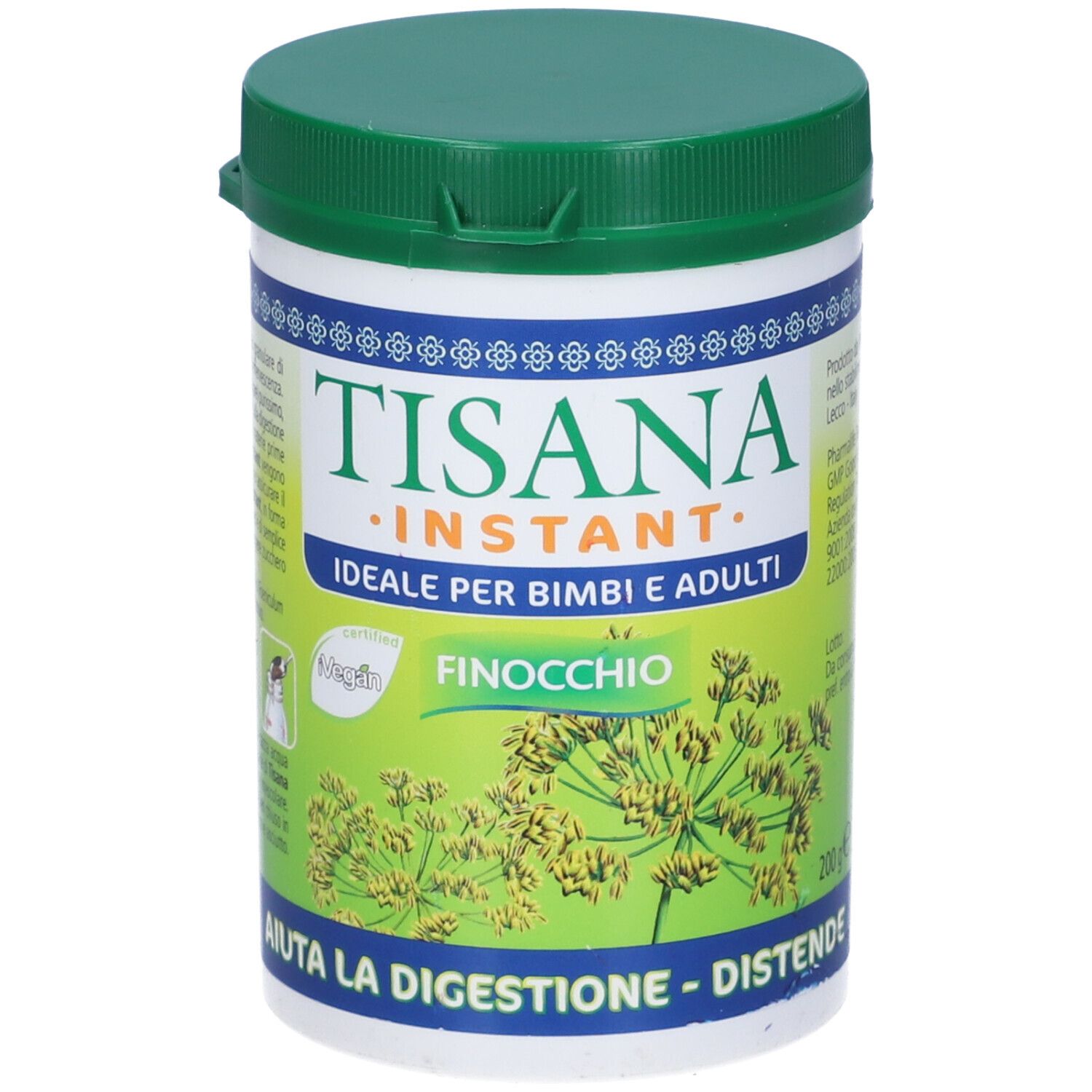 Contenitore bianco con coperchio verde. Scritta: Tisana Instant. Scritta: Finocchio.