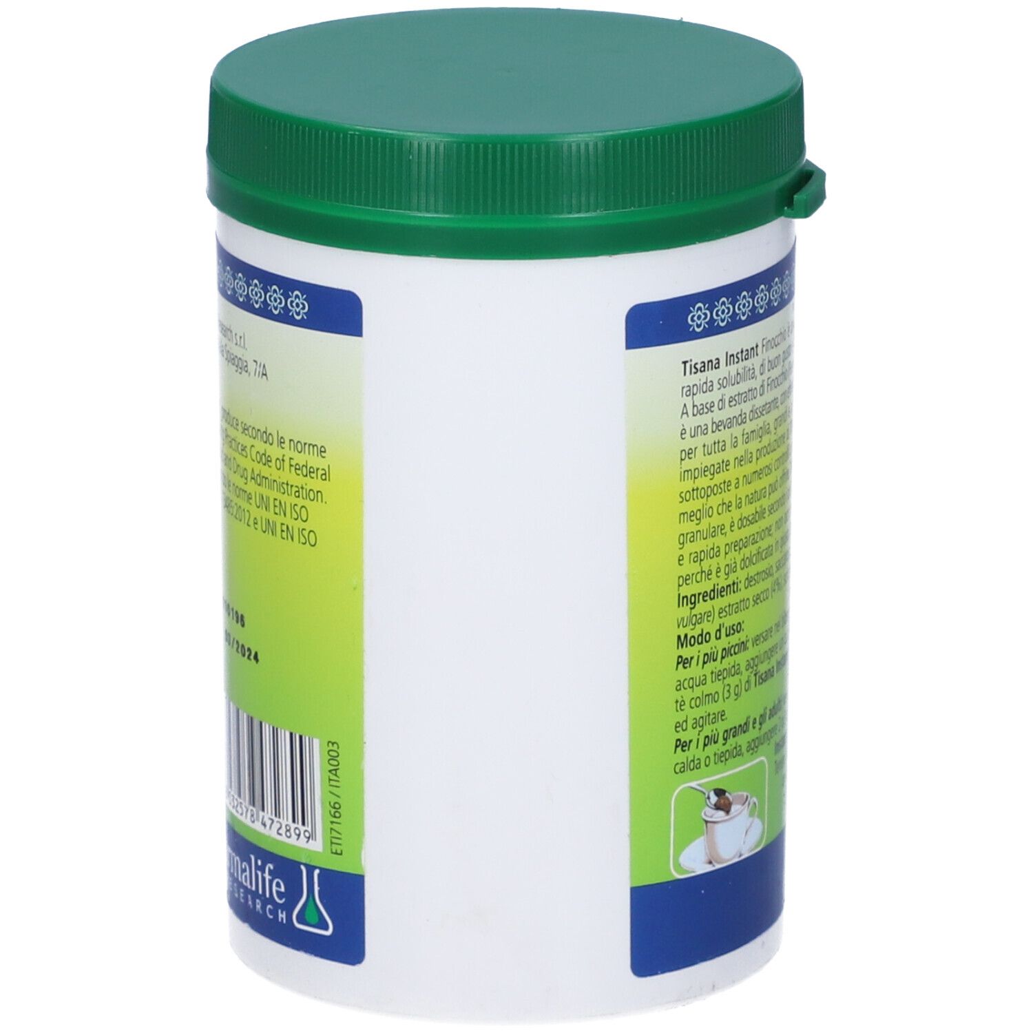 Contenitore bianco con coperchio verde. Testo sul retro. Codice a barre e logo.
