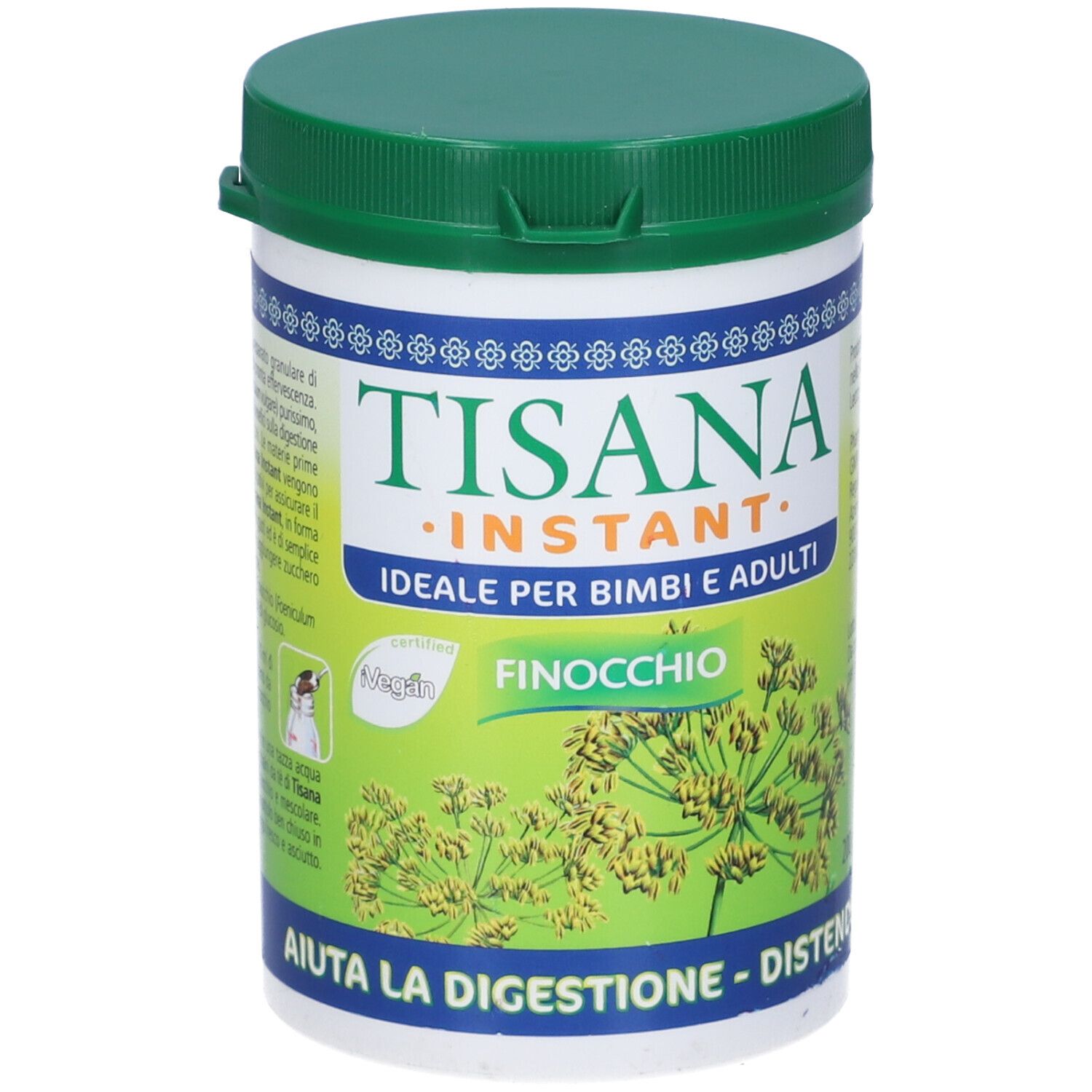 Contenitore bianco con coperchio verde. Scritta: Tisana Instant. Scritta: Finocchio.