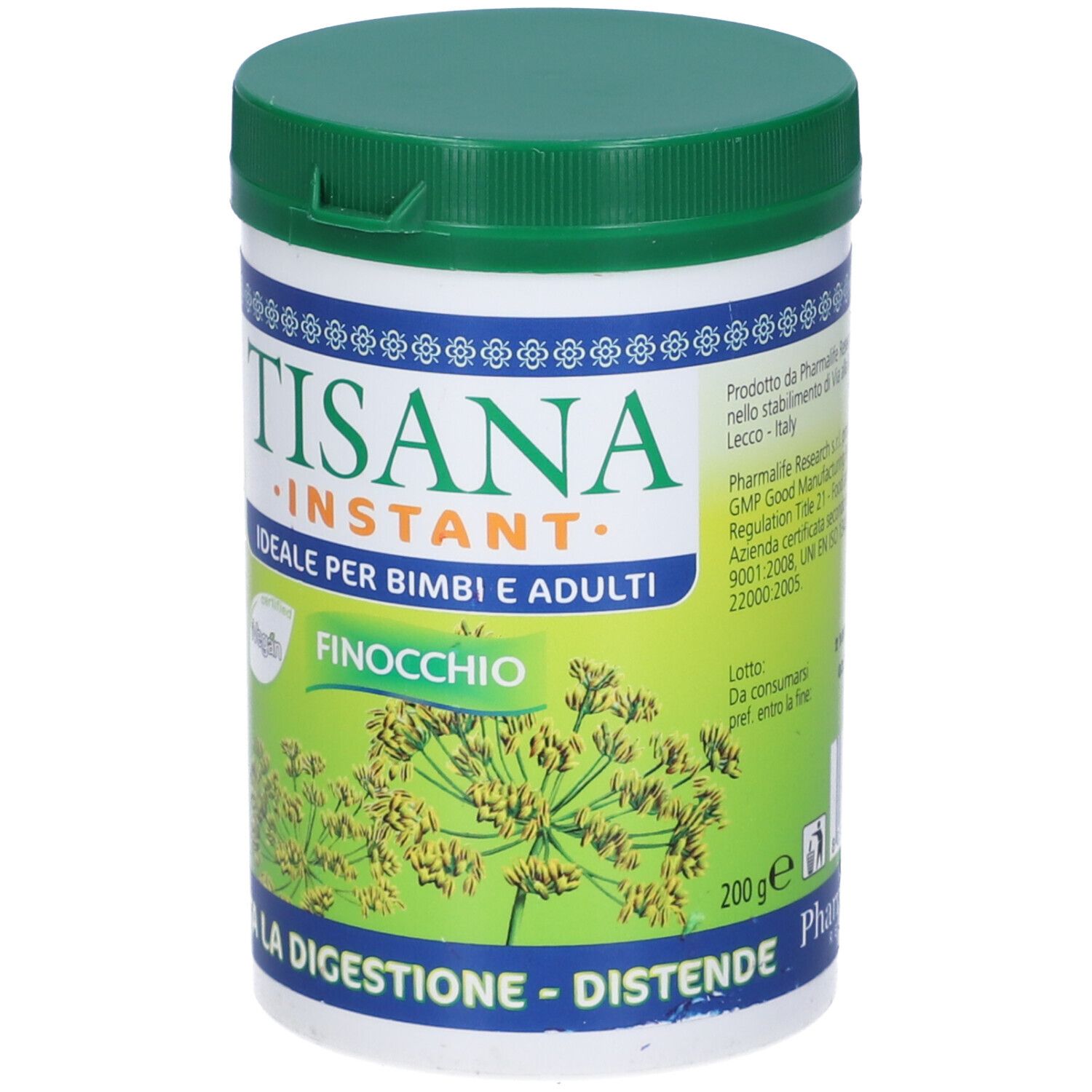 Contenitore bianco con coperchio verde. Scritta: Tisana Instant. Scritta: Finocchio. 200g.