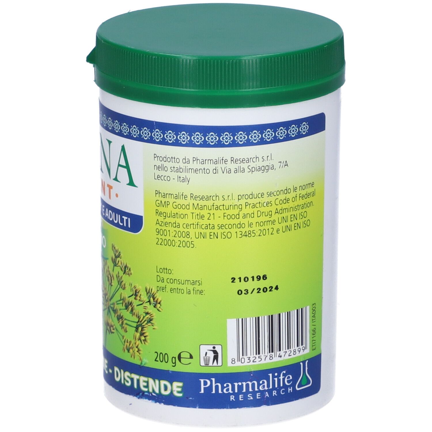 Contenitore bianco con coperchio verde. Testo sul retro. 200g. Da consumarsi preferibilmente entro 03/2024.