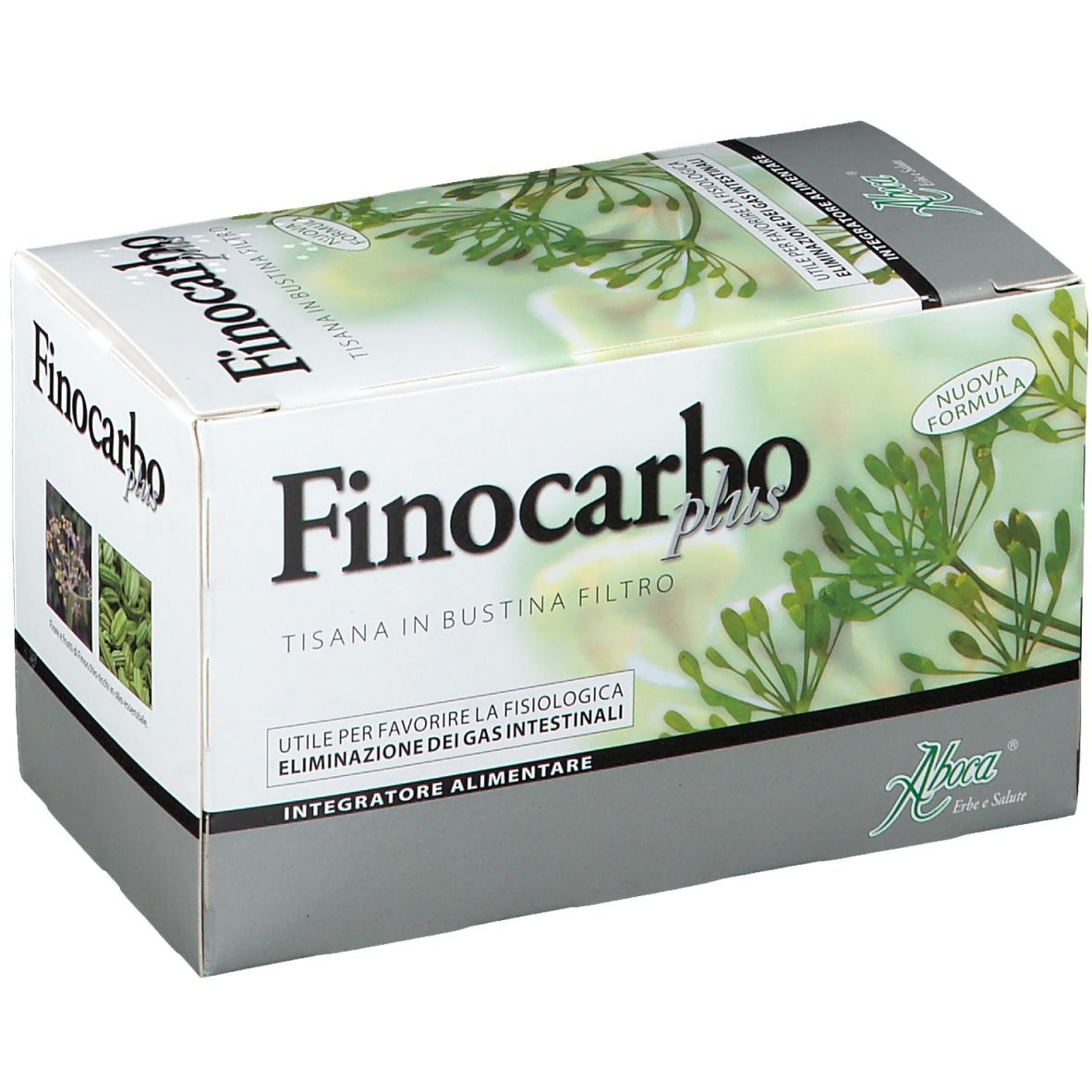 Scatola "Finocarbo plus" con illustrazione di erbe. Bianca, grigia e verde. Testo: "Tisana in bustina filtro".