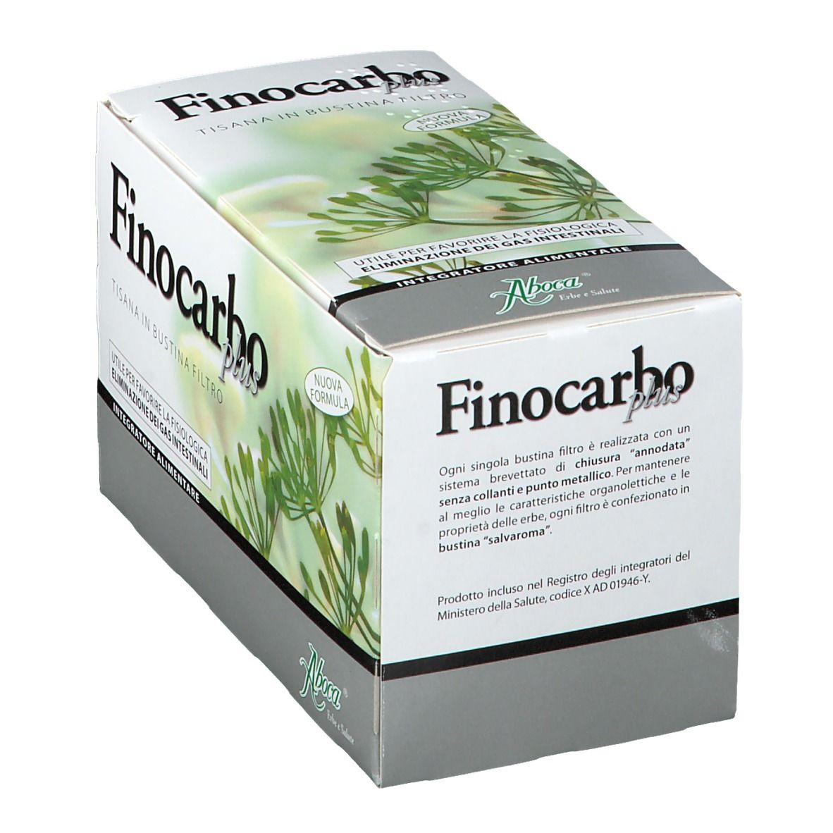 Scatola "Finocarbo plus" con testo e illustrazione di erbe. Bianca, grigia e verde. Testo: "Tisana in bustina filtro".