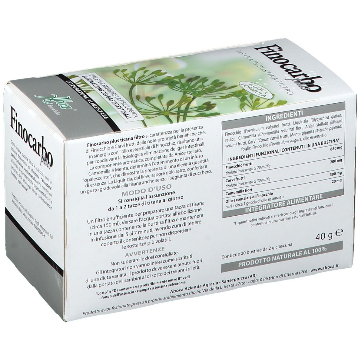 Scatola "Finocarbo plus" con testo e ingredienti. Bianca, grigia e verde. Testo: "Tisana in bustina filtro".