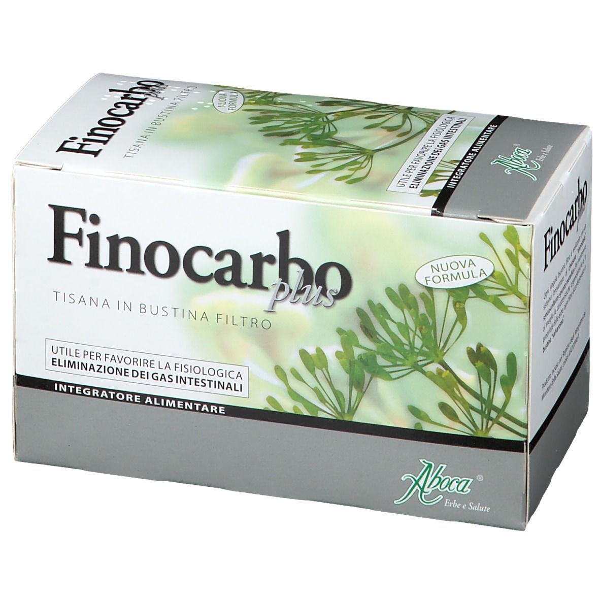 Scatola "Finocarbo plus" con testo e illustrazione di erbe. Bianca, grigia e verde. Testo: "Tisana in bustina filtro".