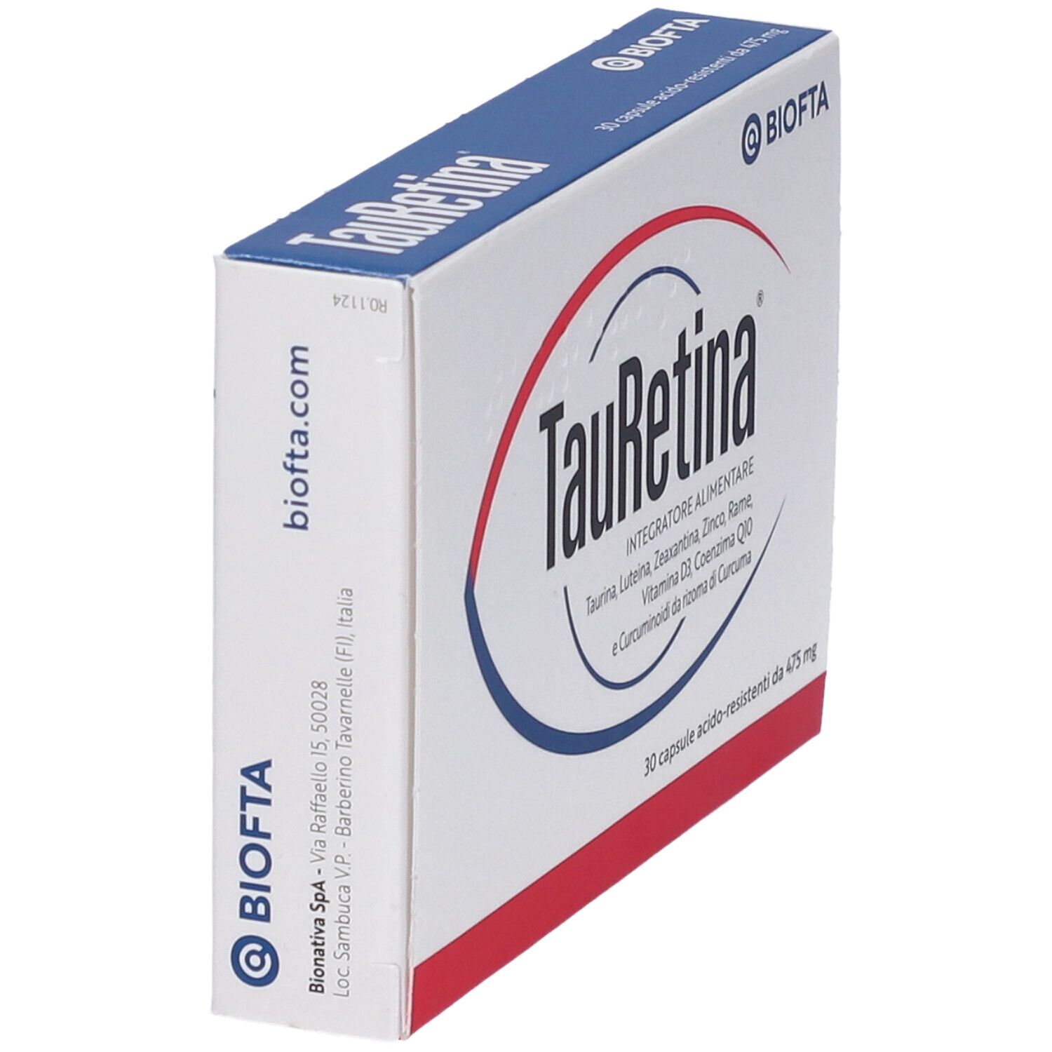 Scatola TauRetina in prospettiva. Contiene Taurina, Luteina, Zeaxantina, Zinco, Rame, Vitamina D3, Coenzima Q10 e curcuma.