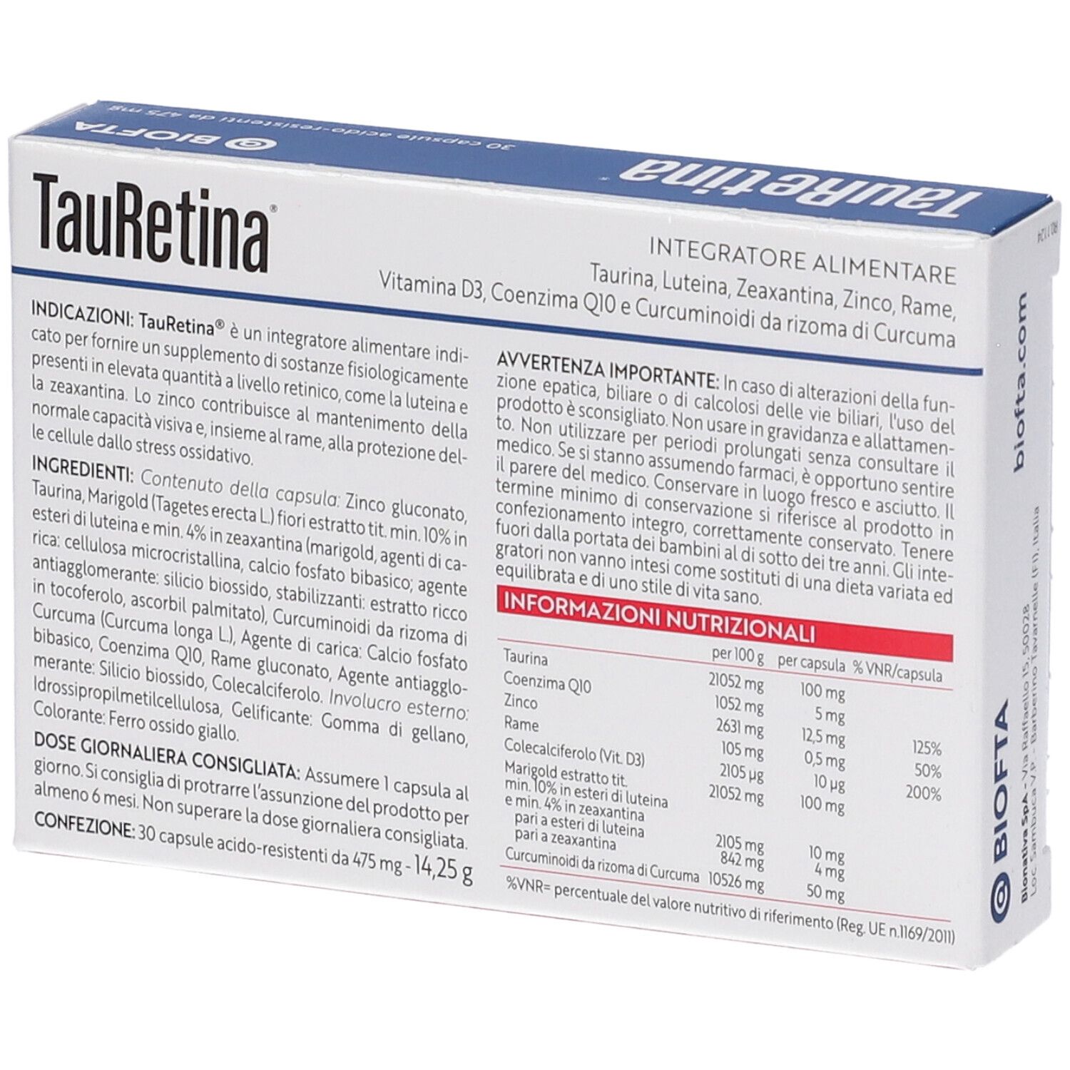 Scatola TauRetina, retro. Ingredienti, dosaggio e avvertenze. 30 capsule.