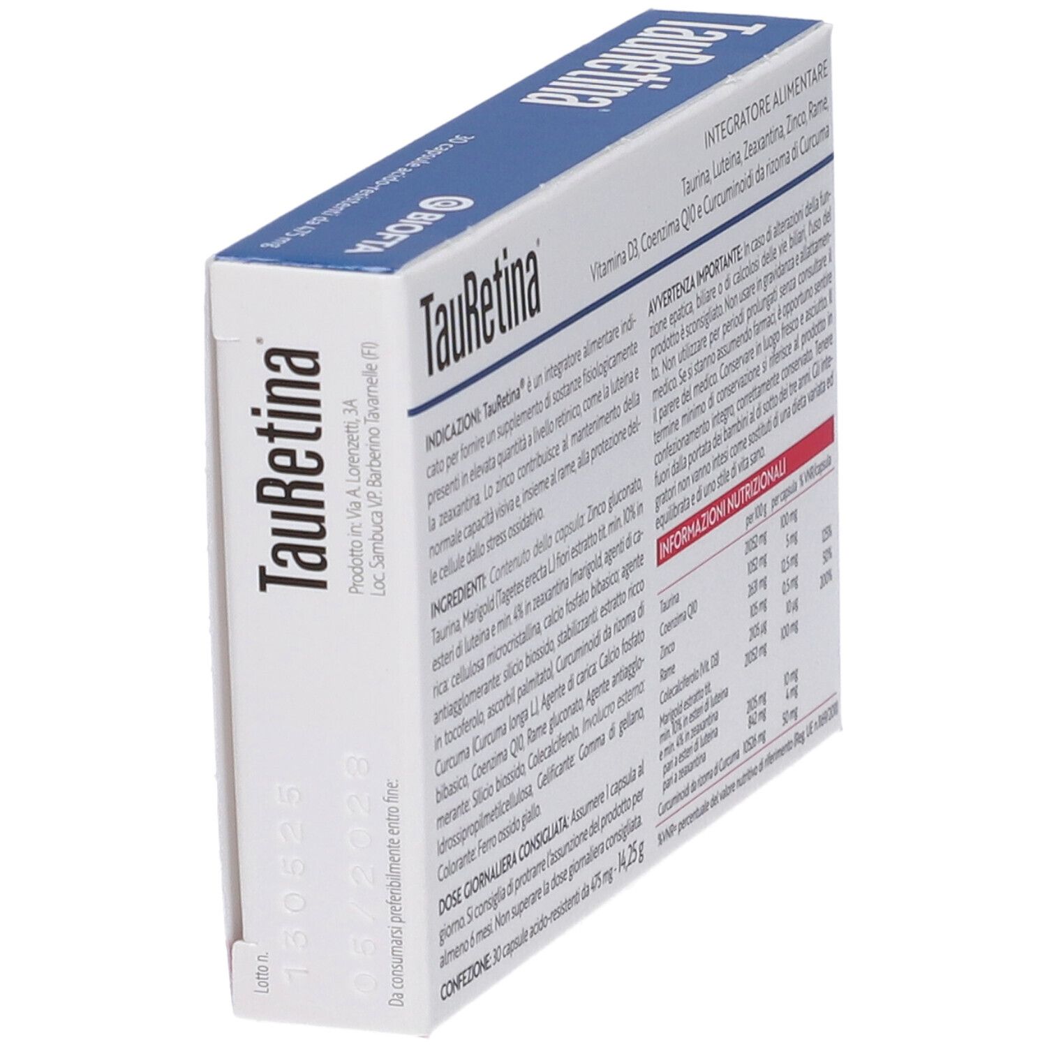 Scatola TauRetina in prospettiva. Contiene Taurina, Luteina, Zeaxantina, Zinco, Rame, Vitamina D3, Coenzima Q10 e curcuma.