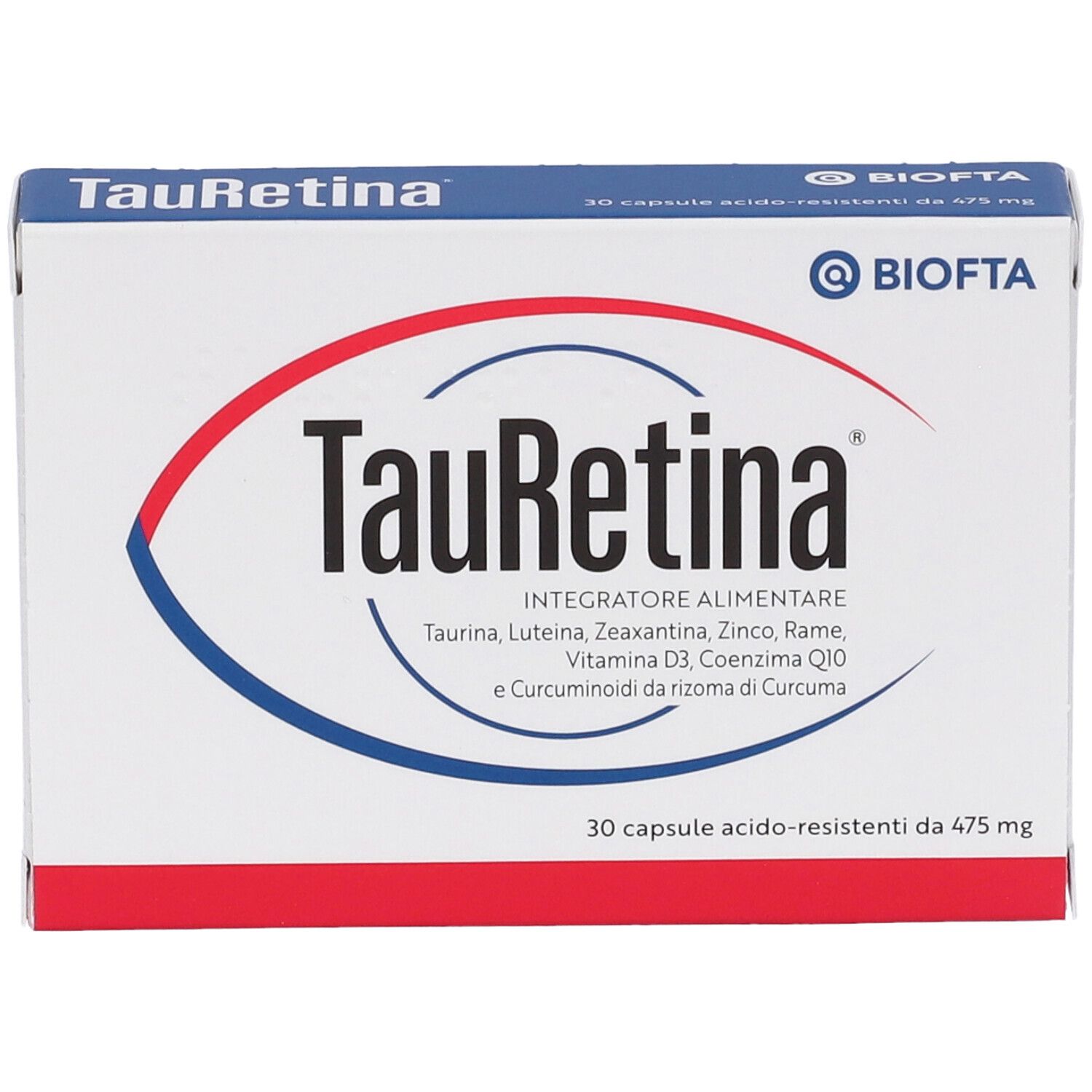 Scatola di TauRetina. Contiene Taurina, Luteina, Zeaxantina, Zinco, Rame, Vitamina D3, Coenzima Q10 e curcuma.