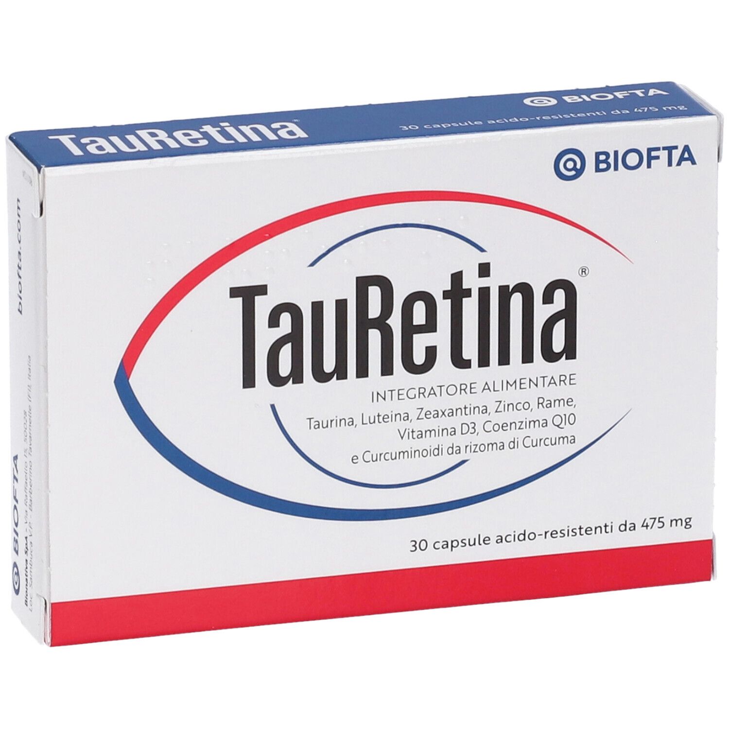 Scatola di TauRetina. Contiene Taurina, Luteina, Zeaxantina, Zinco, Rame, Vitamina D3, Coenzima Q10 e curcuma.