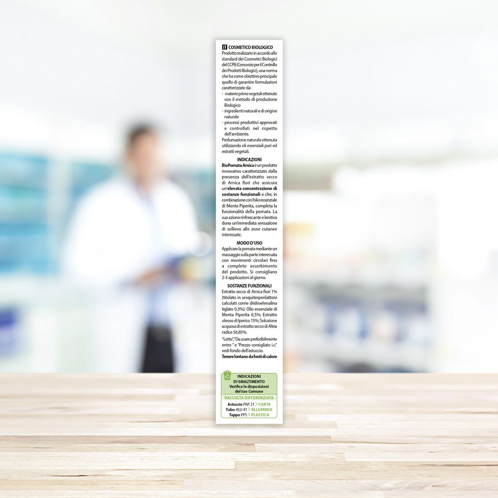 Retro della scatola. Testo con informazioni sul prodotto e ingredienti. Sigillo "Cosmetici Biologici".