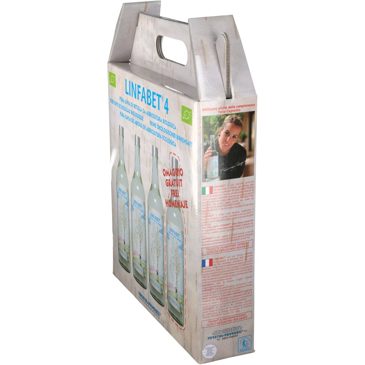 Scatola con quattro bottiglie. Scritta: Linfabet 4. Marchio biologico. Bottiglie con etichetta e motivo betulla. Vista laterale.
