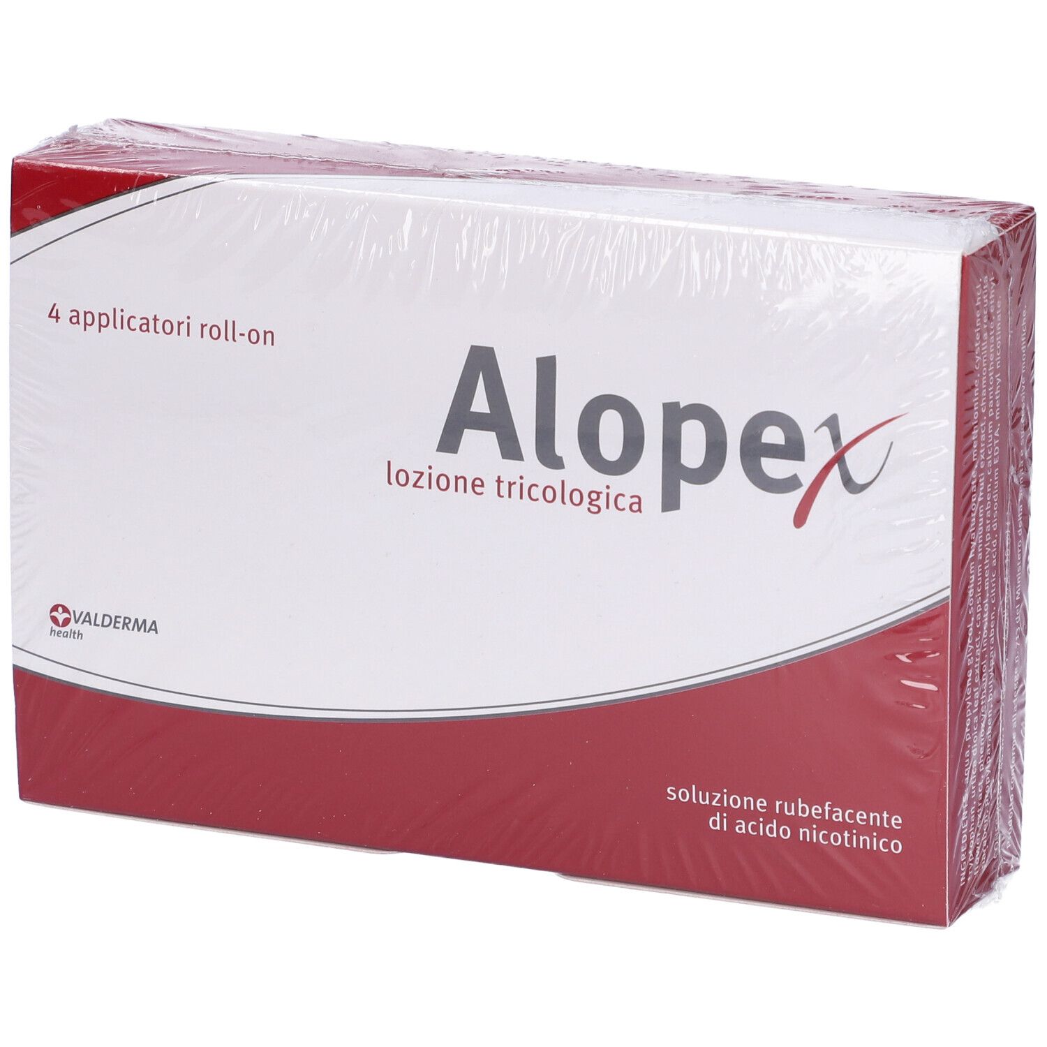 Alopex Lozione Capillare confezionato. Pellicola trasparente avvolge la scatola. Nome e logo visibili. 4 applicatori roll-on.