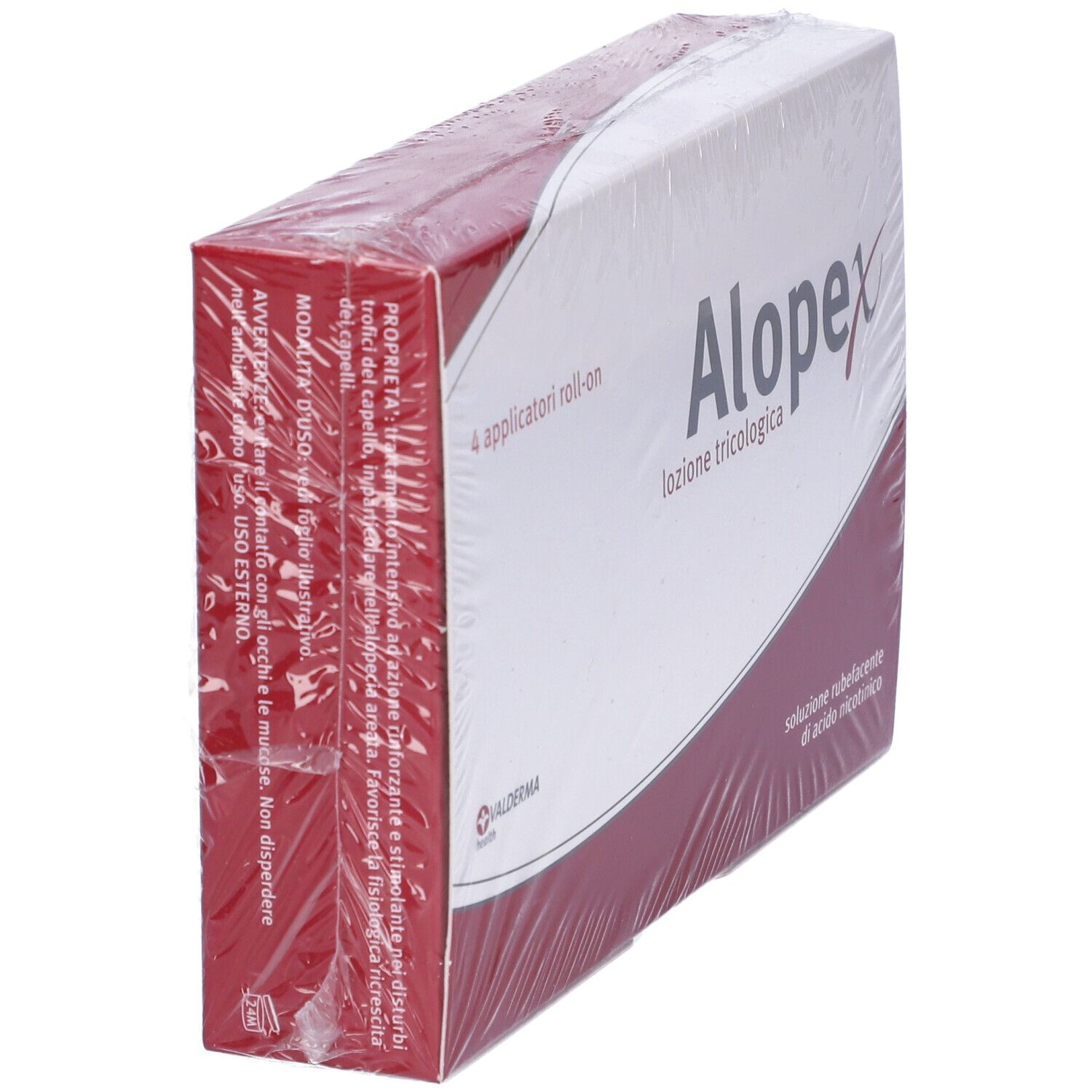 Alopex Lozione Capillare confezionato. Vista laterale della scatola. Nome del prodotto, ingredienti e avvertenze visibili.