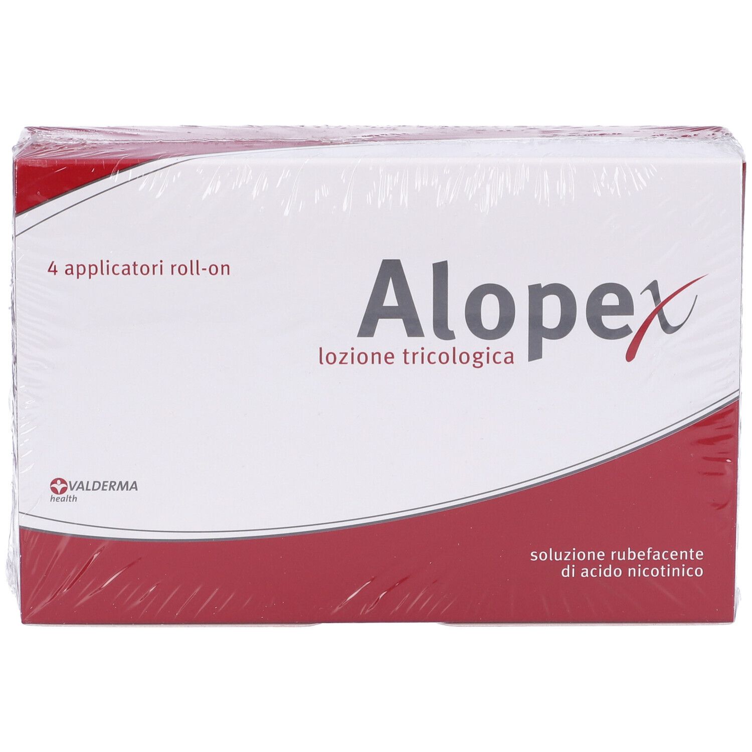 Alopex Lozione Capillare confezionato. Nome del prodotto, logo e 4 applicatori roll-on visibili sulla confezione.