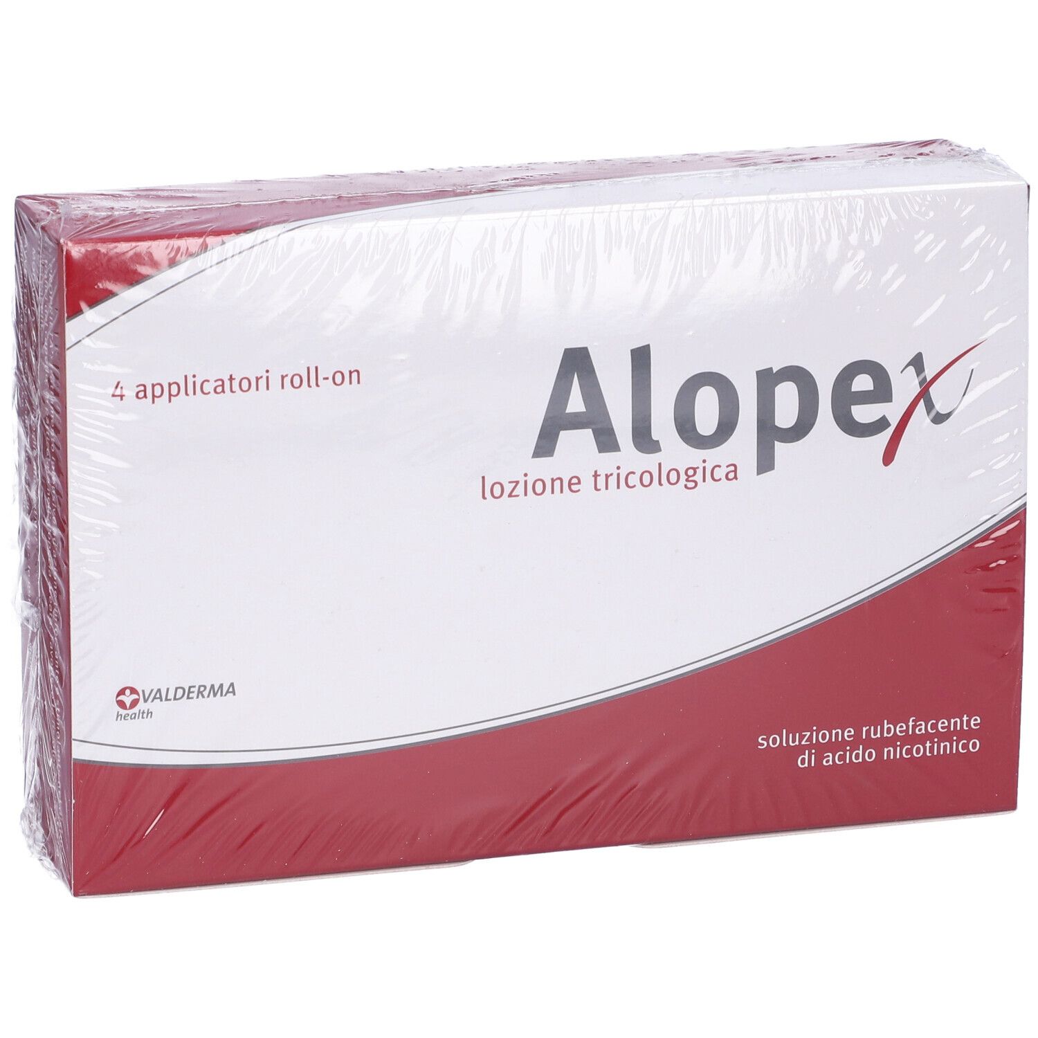 Alopex Lozione Capillare confezionato. Nome del prodotto, logo e 4 applicatori roll-on visibili sulla confezione.