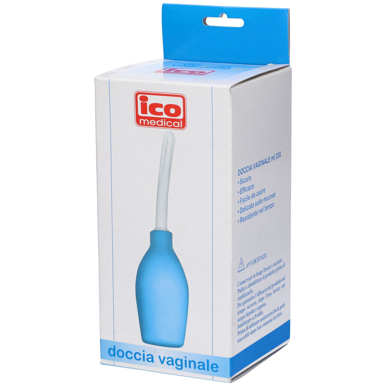 Confezione con irrigatore. Logo: ico medical. Testo: doccia vaginale.