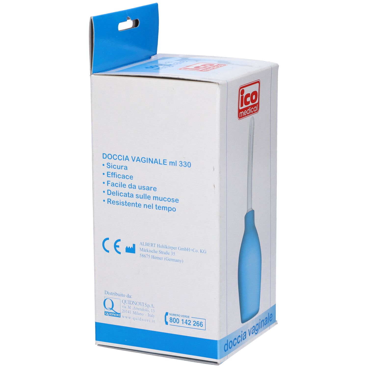Confezione con irrigatore. Logo: ico medical. Testo: doccia vaginale ml 330.