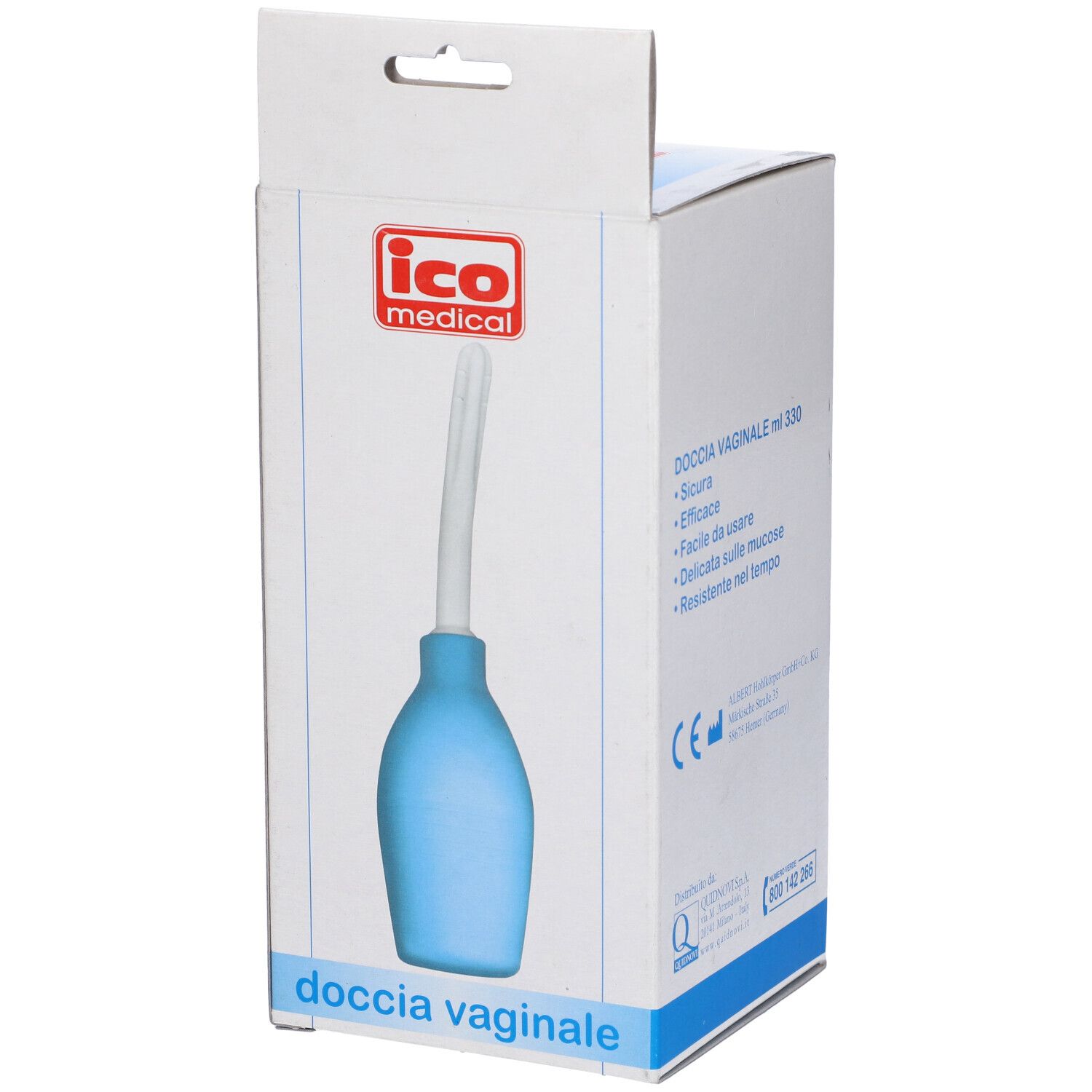 Confezione con irrigatore. Logo: ico medical. Testo: doccia vaginale ml 330.