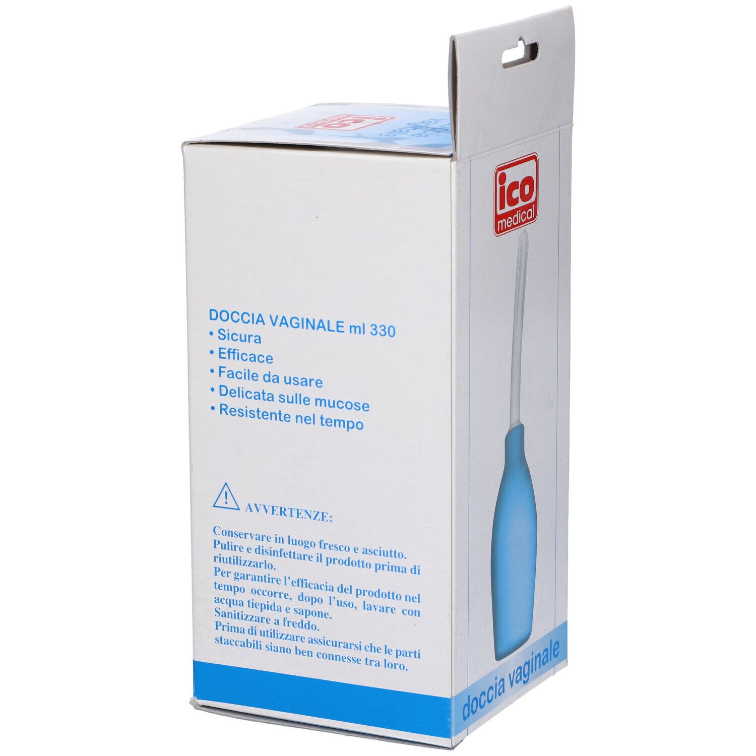 Confezione con irrigatore. Logo: ico medical. Testo: doccia vaginale ml 330.