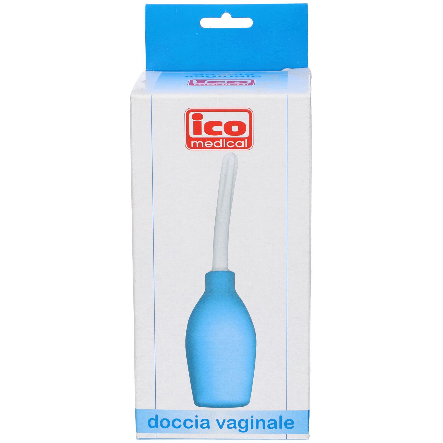 Confezione con irrigatore. Logo: ico medical. Testo: doccia vaginale.
