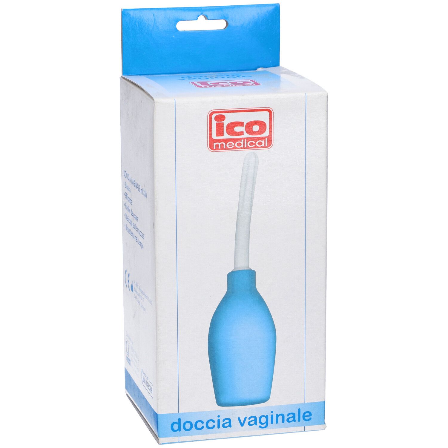 Confezione con irrigatore. Logo: ico medical. Testo: doccia vaginale.