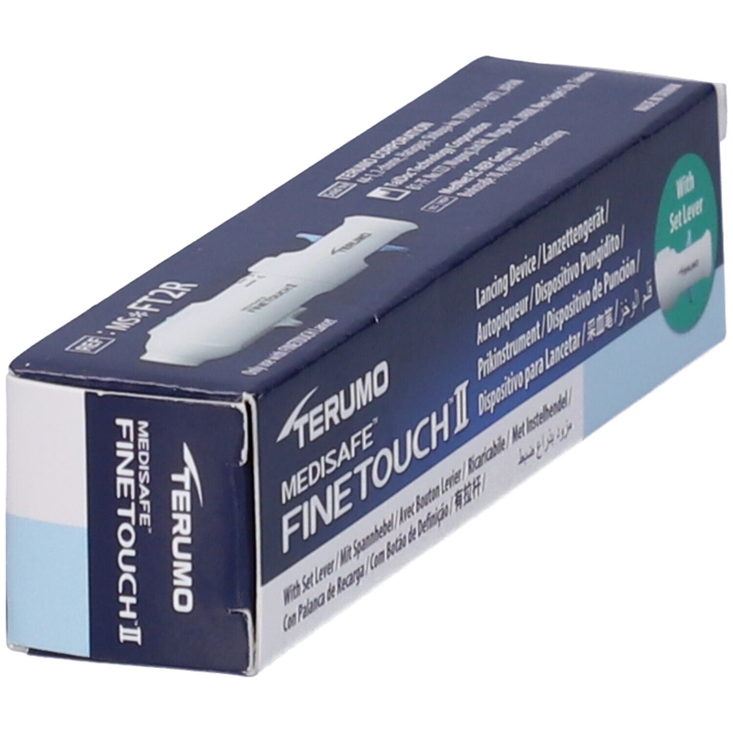 Scatola, vista obliqua. Scritto: TERUMO MEDISAFE FINE TOUCH II. Contiene un dispositivo pungidito.