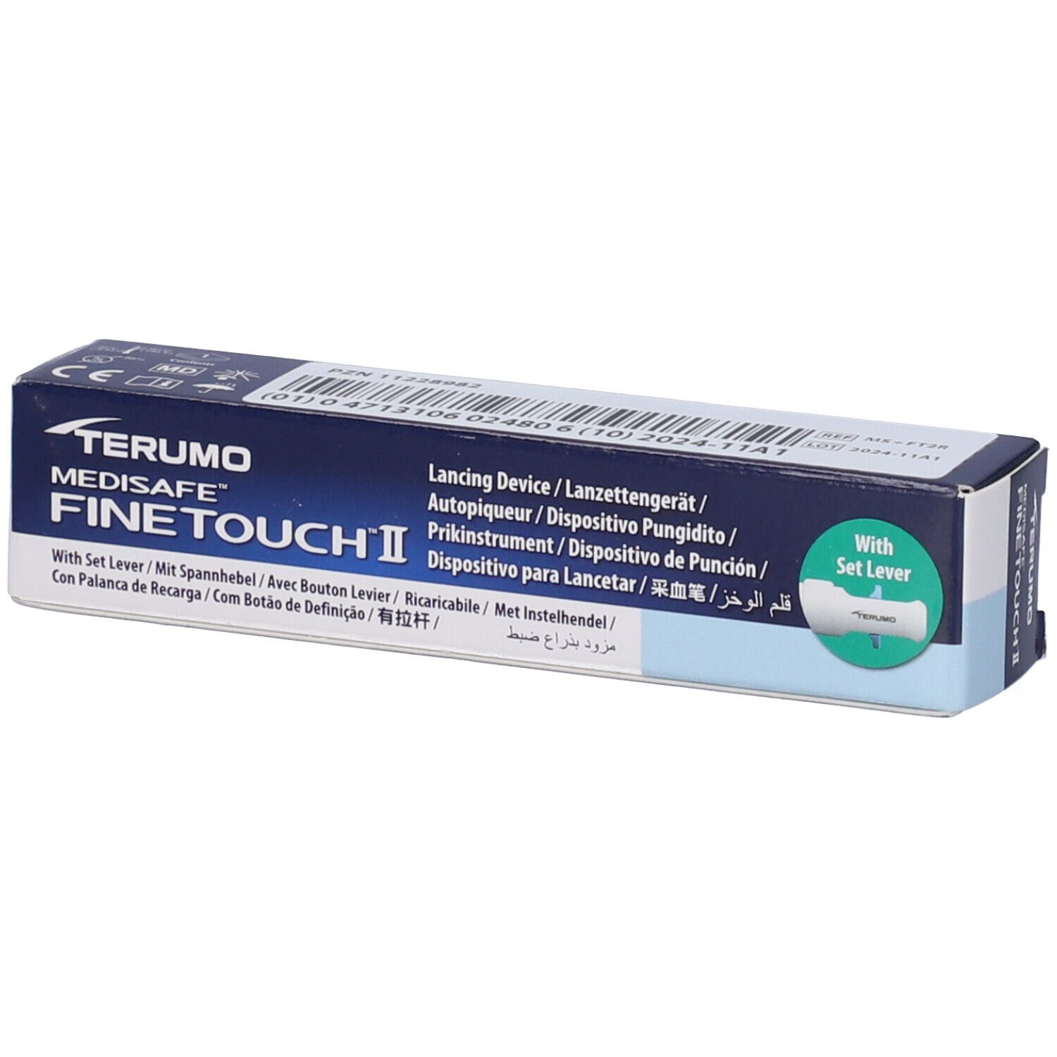 Scatola con informazioni sul prodotto. Scritto: TERUMO MEDISAFE FINE TOUCH II. Contiene un dispositivo pungidito.