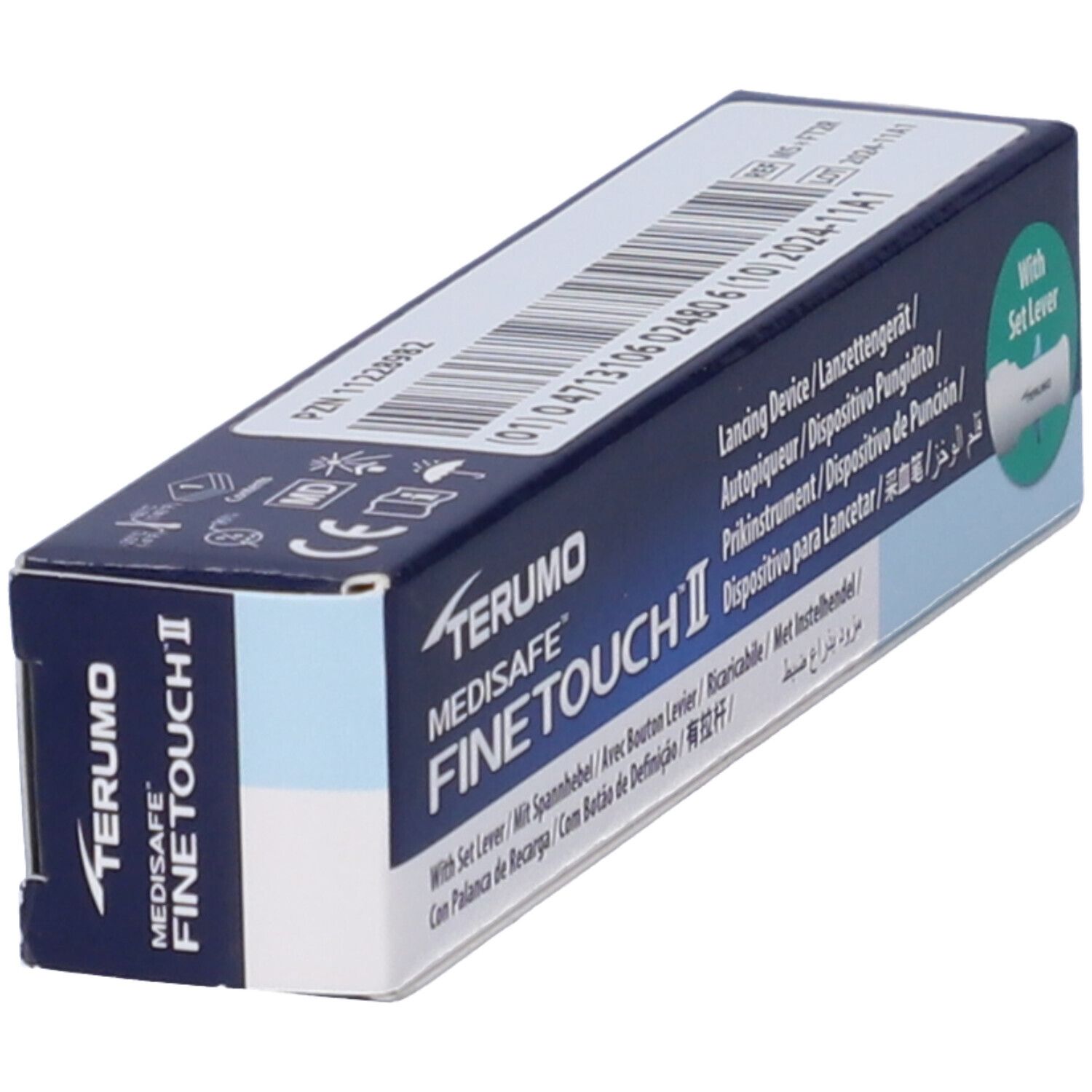 Scatola, vista obliqua. Scritto: TERUMO MEDISAFE FINE TOUCH II. Contiene un dispositivo pungidito.