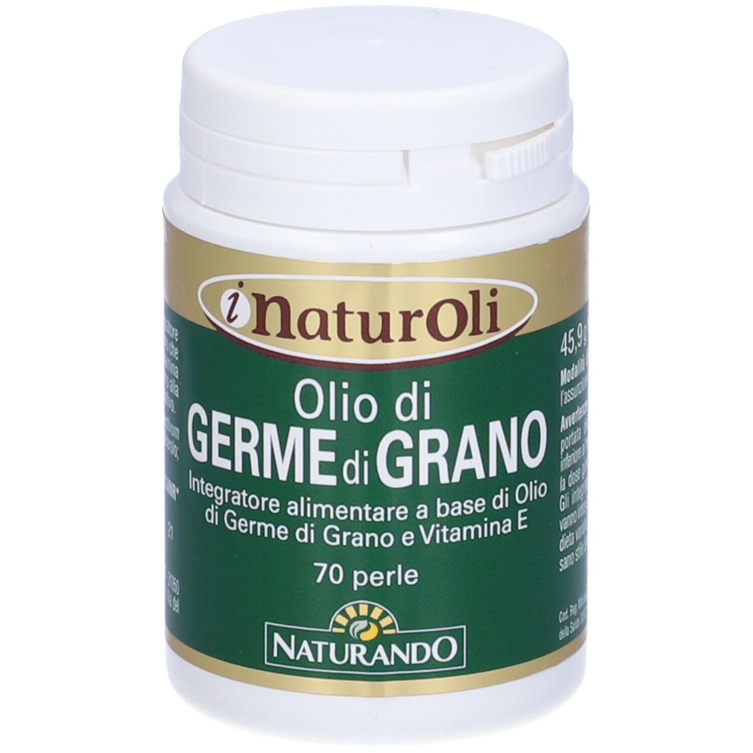 Capsule di olio di germe di grano in contenitore bianco con etichetta verde. Scritta: Olio di Germe di Grano.