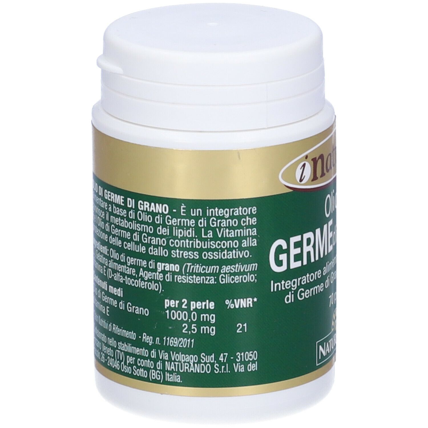 Capsule di olio di germe di grano in contenitore bianco con etichetta verde. Testo con ingredienti e valori nutrizionali.