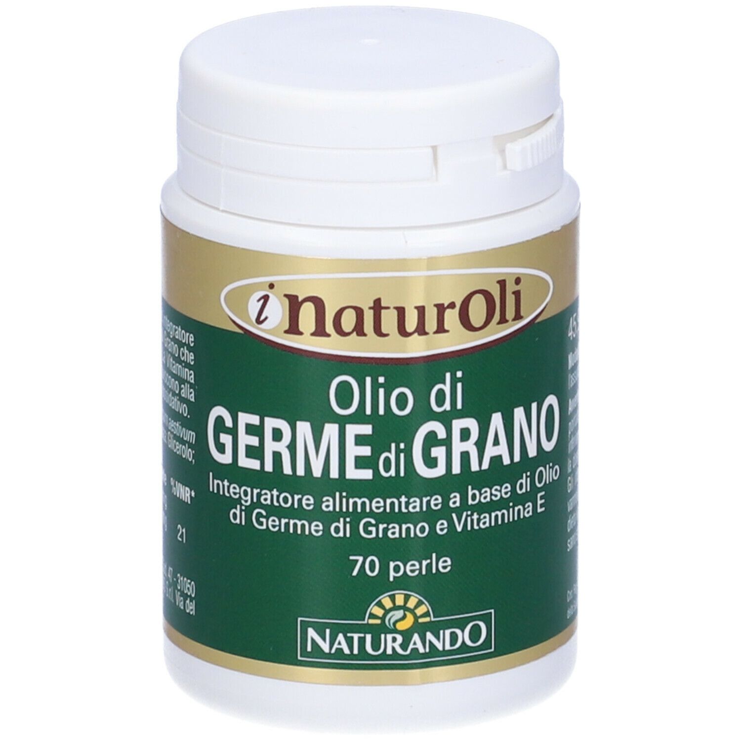 Capsule di olio di germe di grano in contenitore bianco con etichetta verde. Scritta: Olio di Germe di Grano.