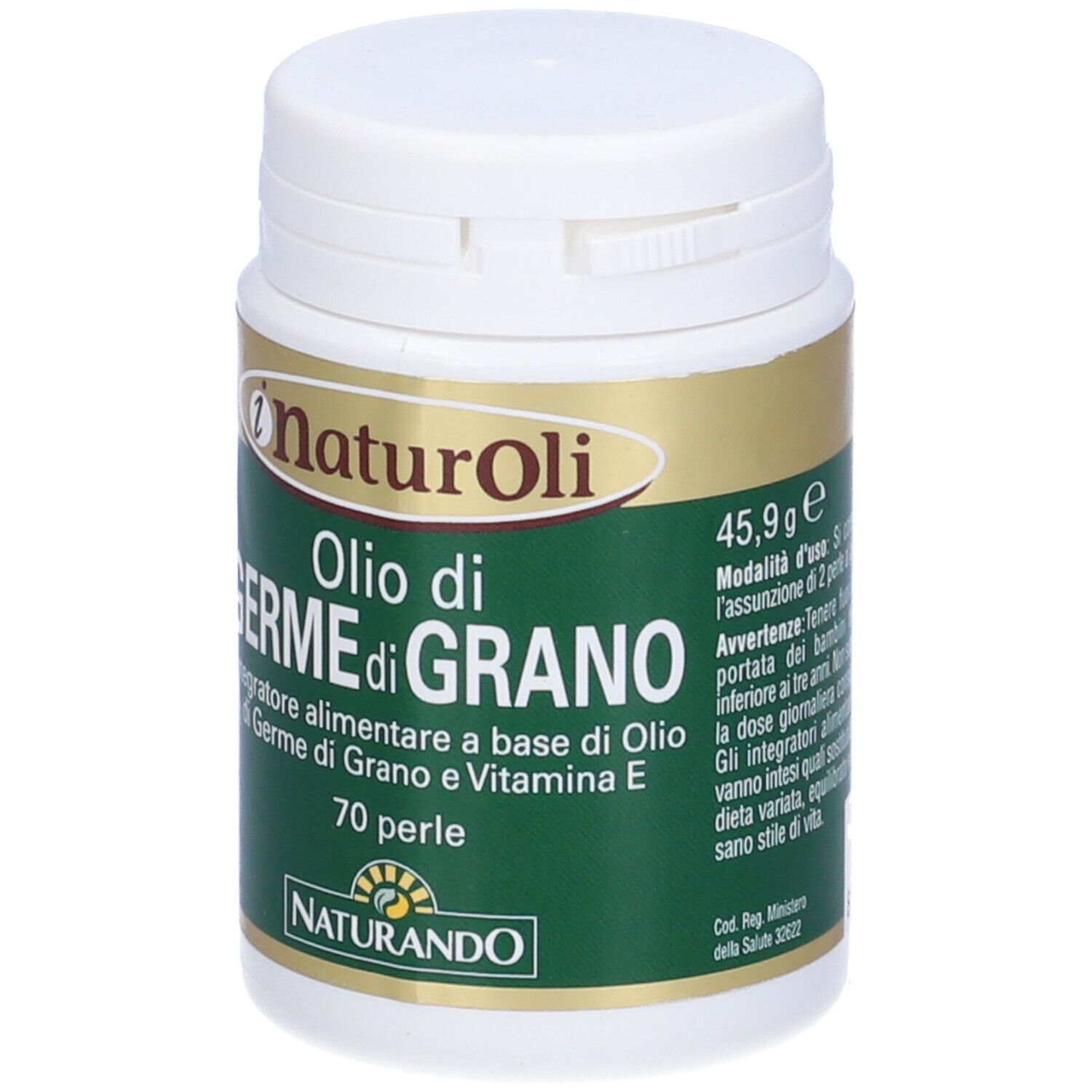 Capsule di olio di germe di grano in contenitore bianco con etichetta verde. Scritta: Olio di Germe di Grano.