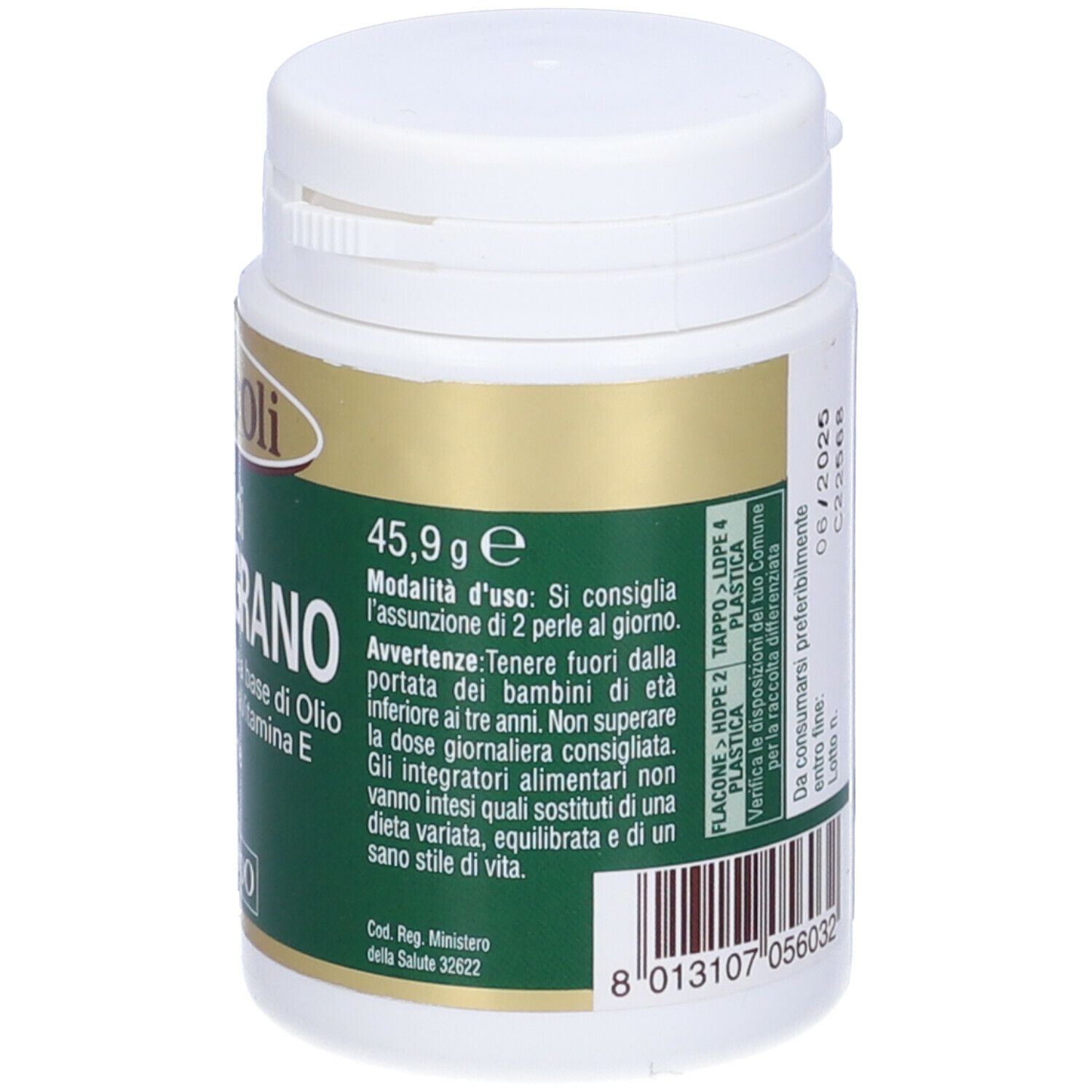 Capsule di olio di germe di grano in contenitore bianco con etichetta verde. Retro con testo e istruzioni per l'uso.