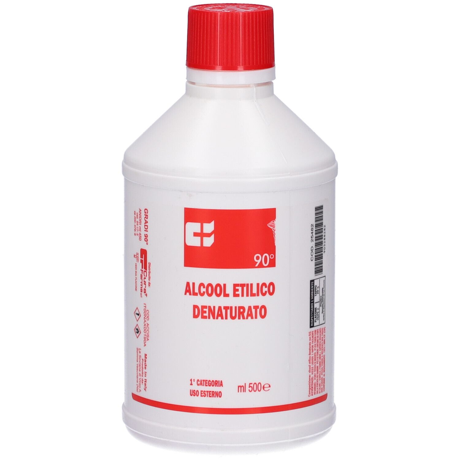 Bottiglia bianca con tappo rosso. Etichetta con testo: Alcool Etilico Denaturato. 90°. 500ml.