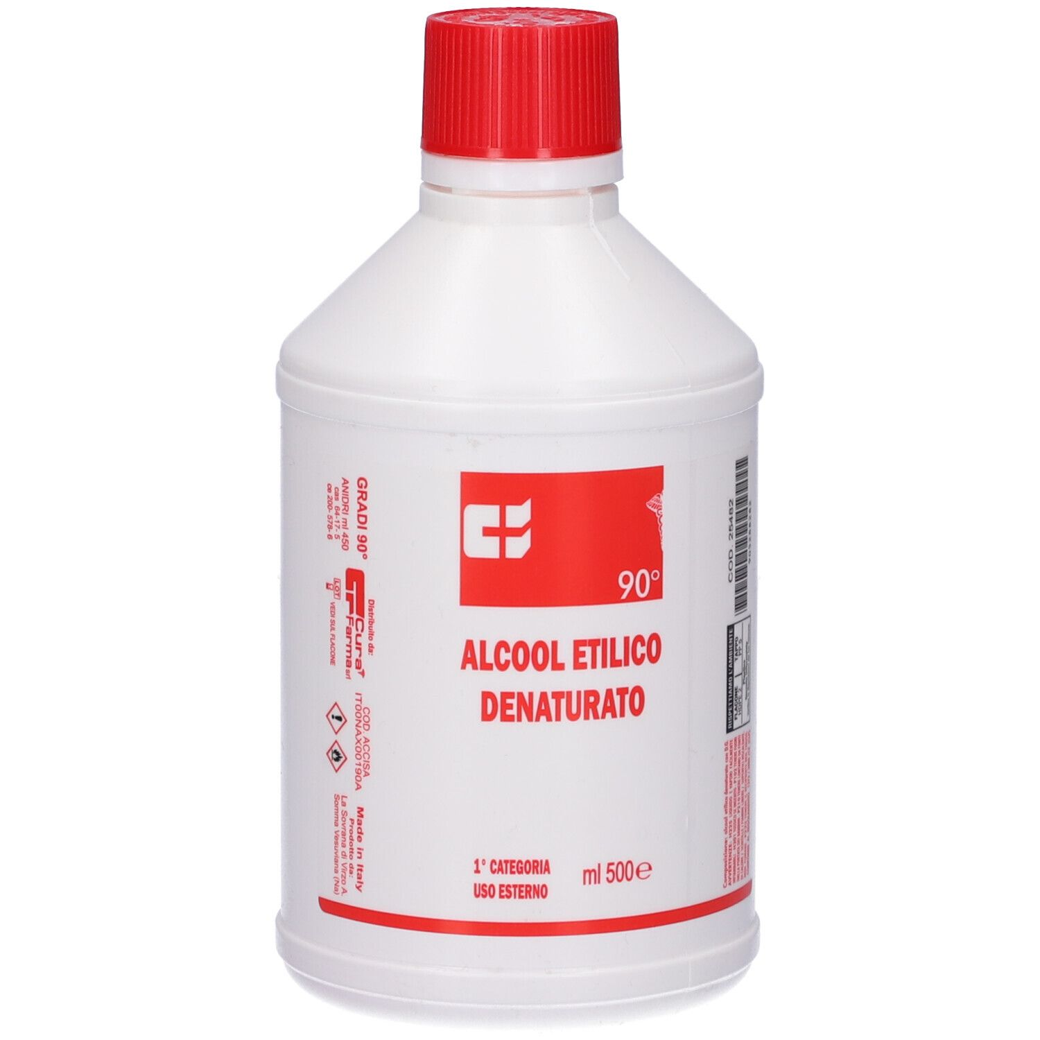 Bottiglia bianca con tappo rosso. Etichetta con testo: Alcool Etilico Denaturato. 90°. 500ml.