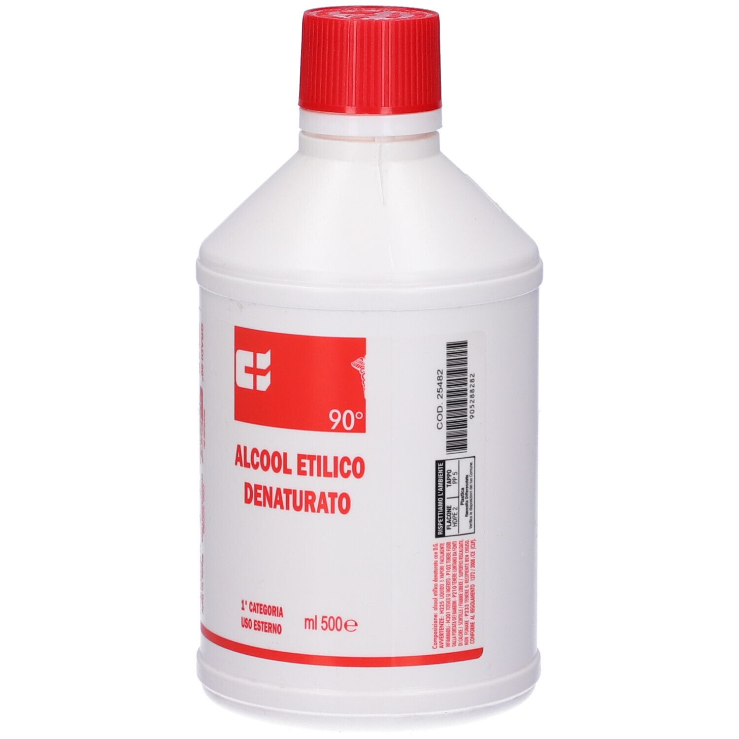 Bottiglia bianca con tappo rosso. Etichetta con testo: Alcool Etilico Denaturato. 90°. 500ml. Codice 25482.