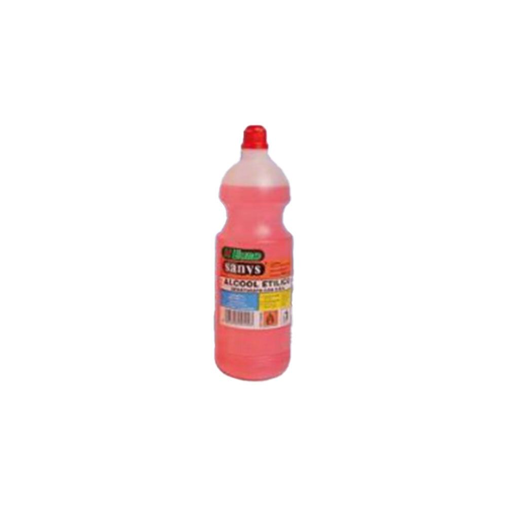 Bottiglia con liquido colorato e tappo rosso. Scritta: Alcool Etilico Denaturato 90°.
