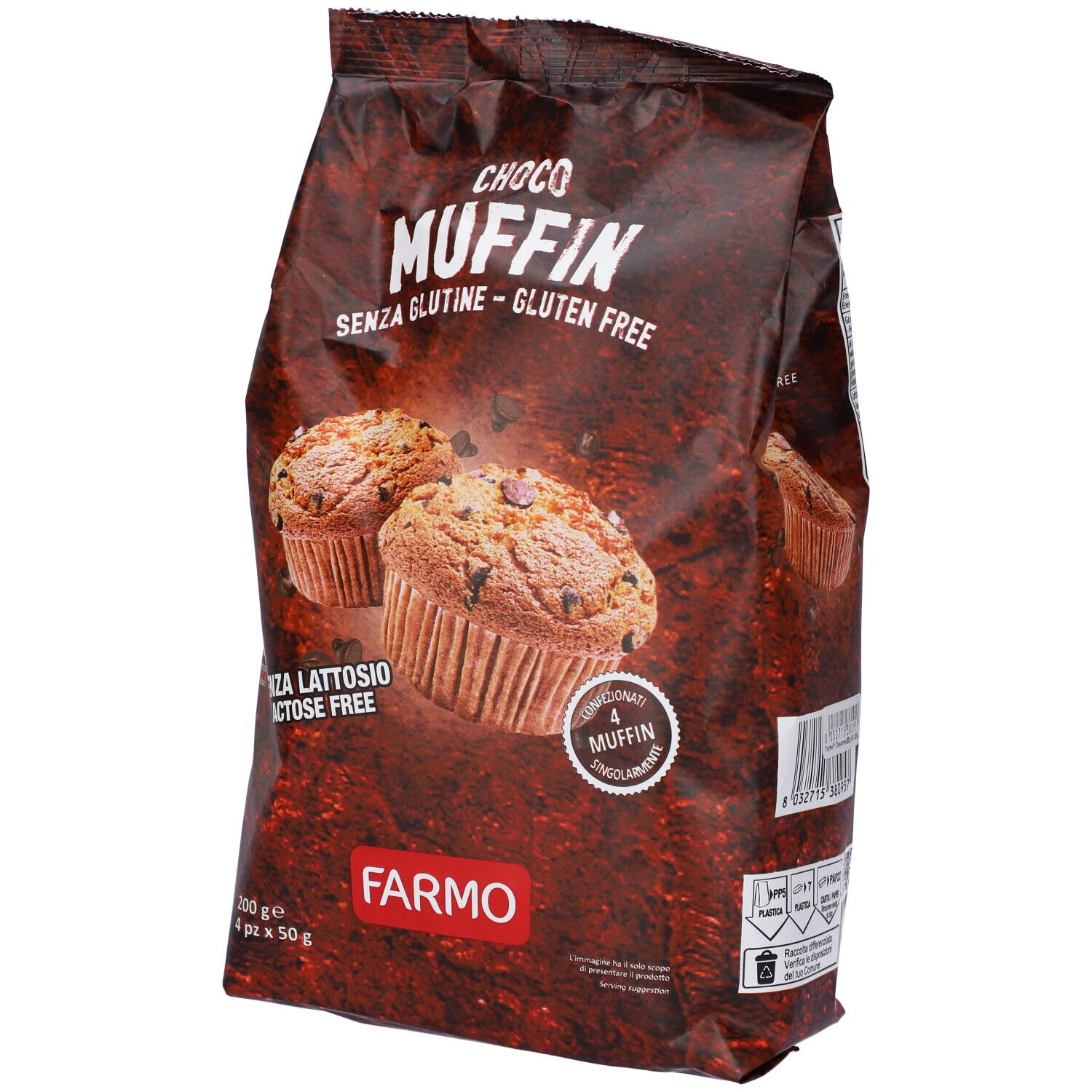 Confezione di Farmo Chocomuffin. Scritta: Choco Muffin, senza glutine, gluten free, senza lattosio, lactose free. Due muffin.