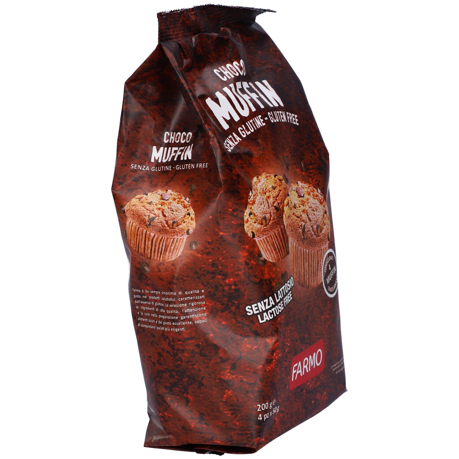 Confezione di Farmo Chocomuffin. Scritta: Choco Muffin, senza glutine, gluten free, senza lattosio, lactose free. Vista laterale.
