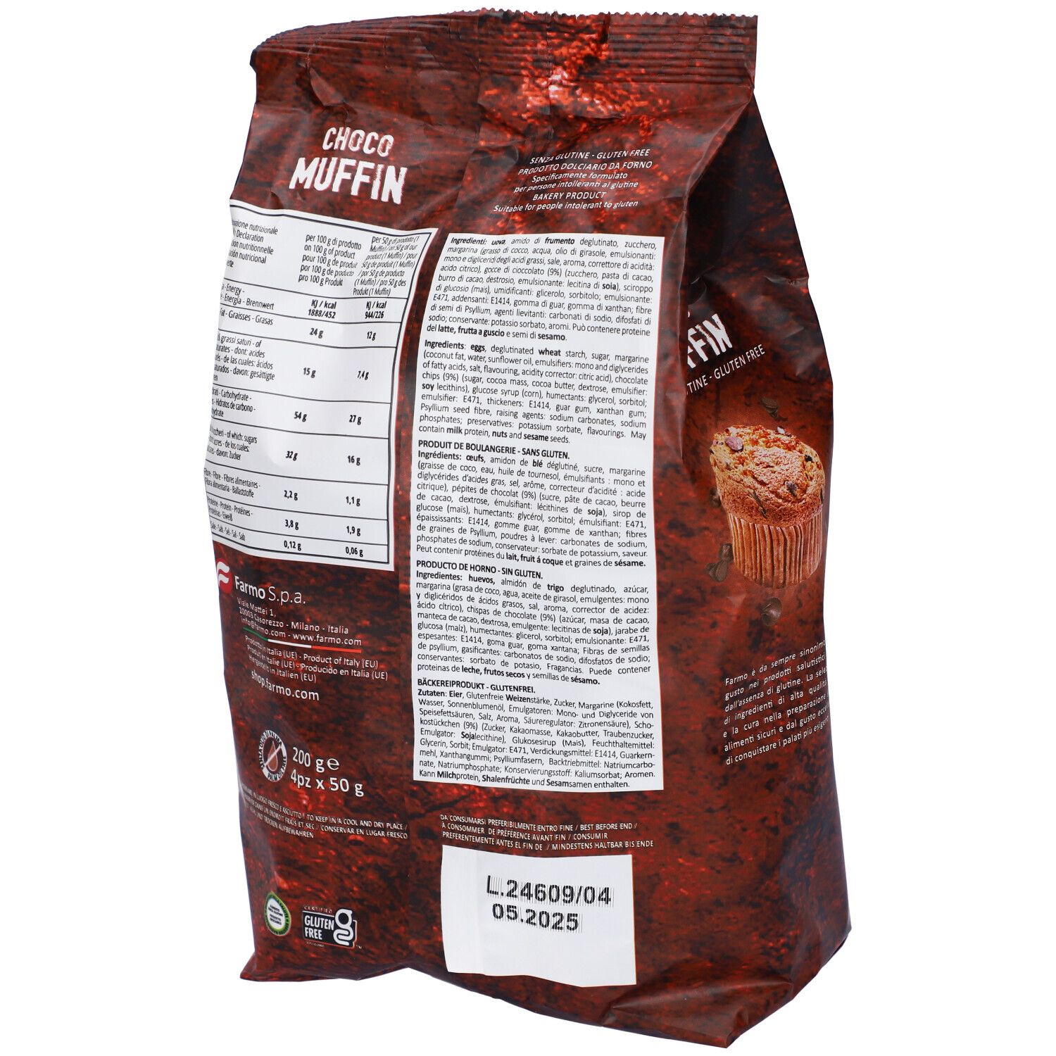 Retro della confezione Farmo Chocomuffin. Testo e informazioni nutrizionali. Scadenza: 05.2025.