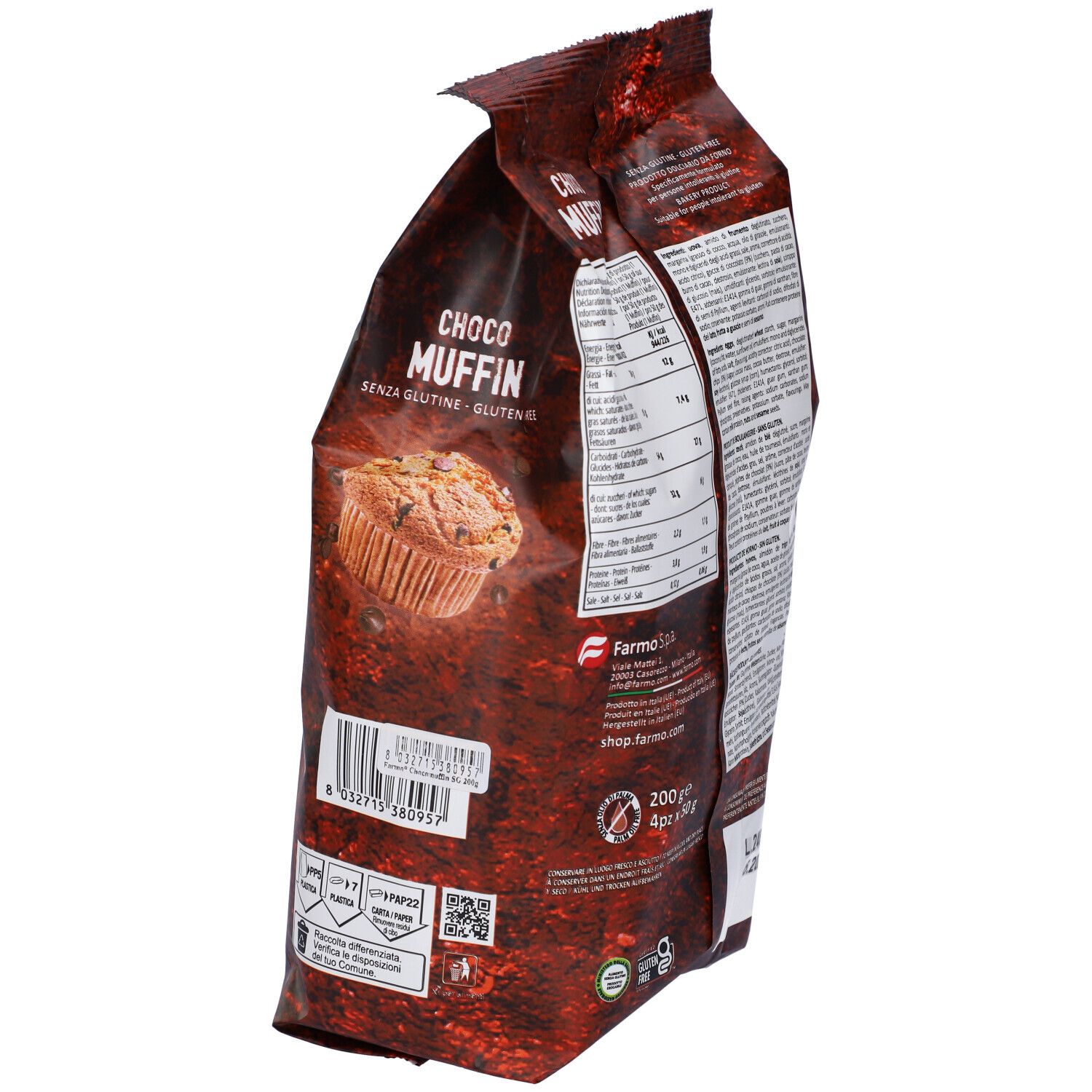 Confezione di Farmo Chocomuffin. Scritta: Choco Muffin, senza glutine, gluten free. Vista laterale con testo e loghi.