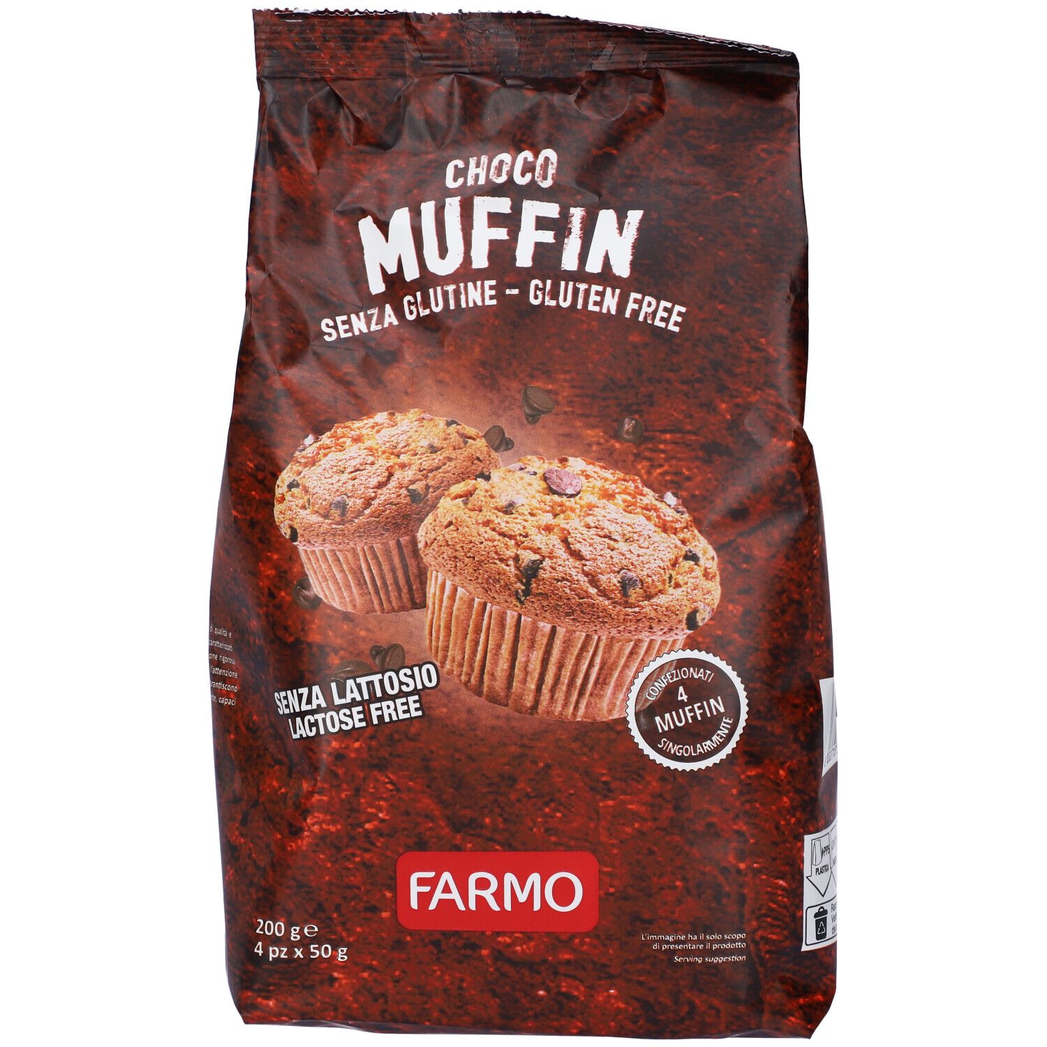 Confezione di Farmo Chocomuffin. Scritta: Choco Muffin, senza glutine, gluten free, senza lattosio, lactose free. Due muffin.
