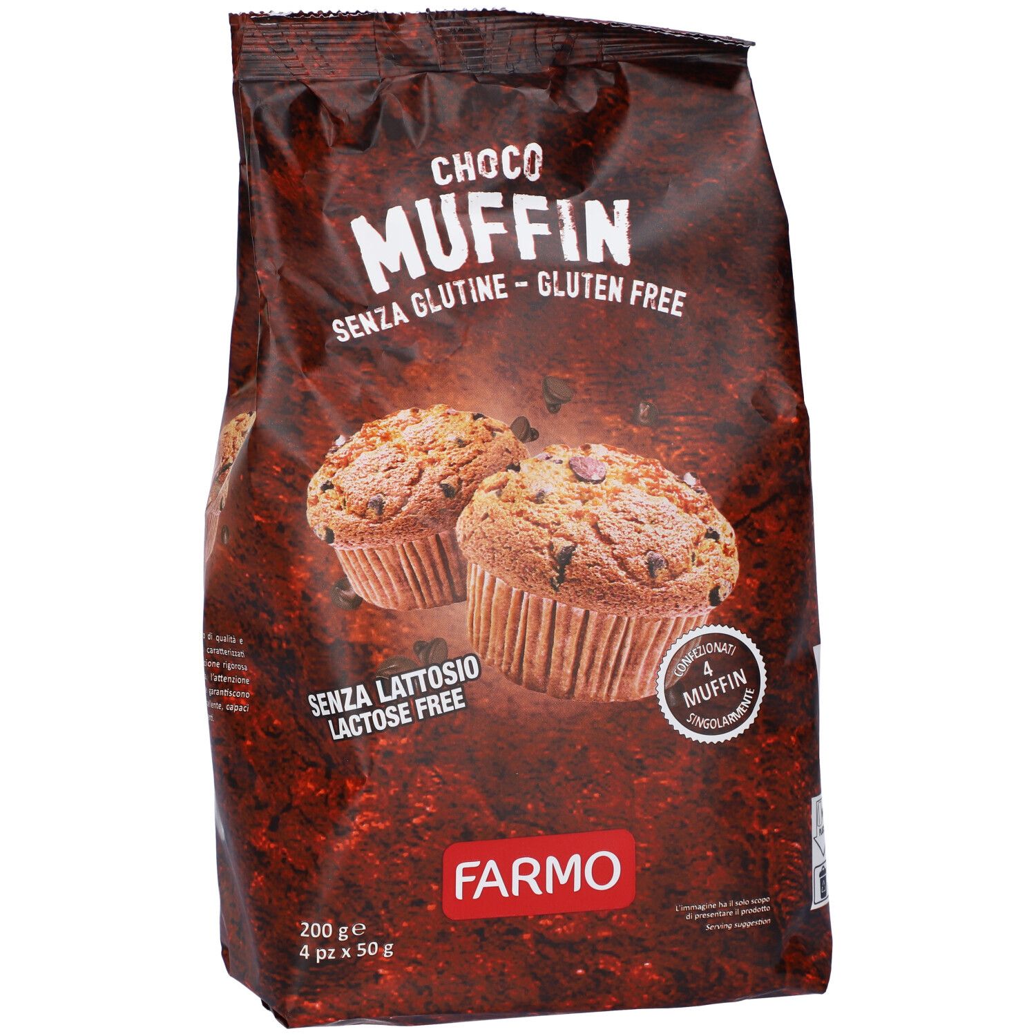 Confezione di Farmo Chocomuffin. Scritta: Choco Muffin, senza glutine, gluten free, senza lattosio, lactose free. Due muffin.